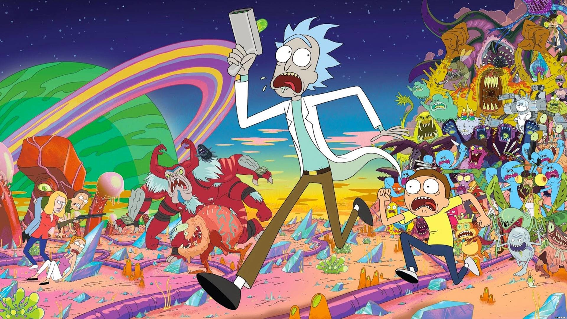 Rick Sanchez, Morty Smith, Fuga, Alieni, Cartone animato, Full HD, sfondo Windows 11