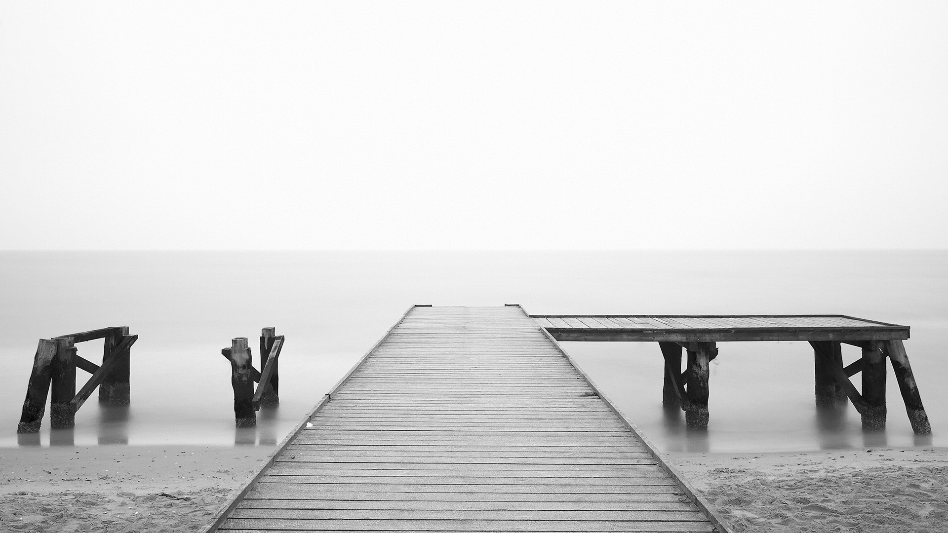 Pontile, Nebbia, Mare, Bianco e nero, 1920x1080, immagine di sfondo