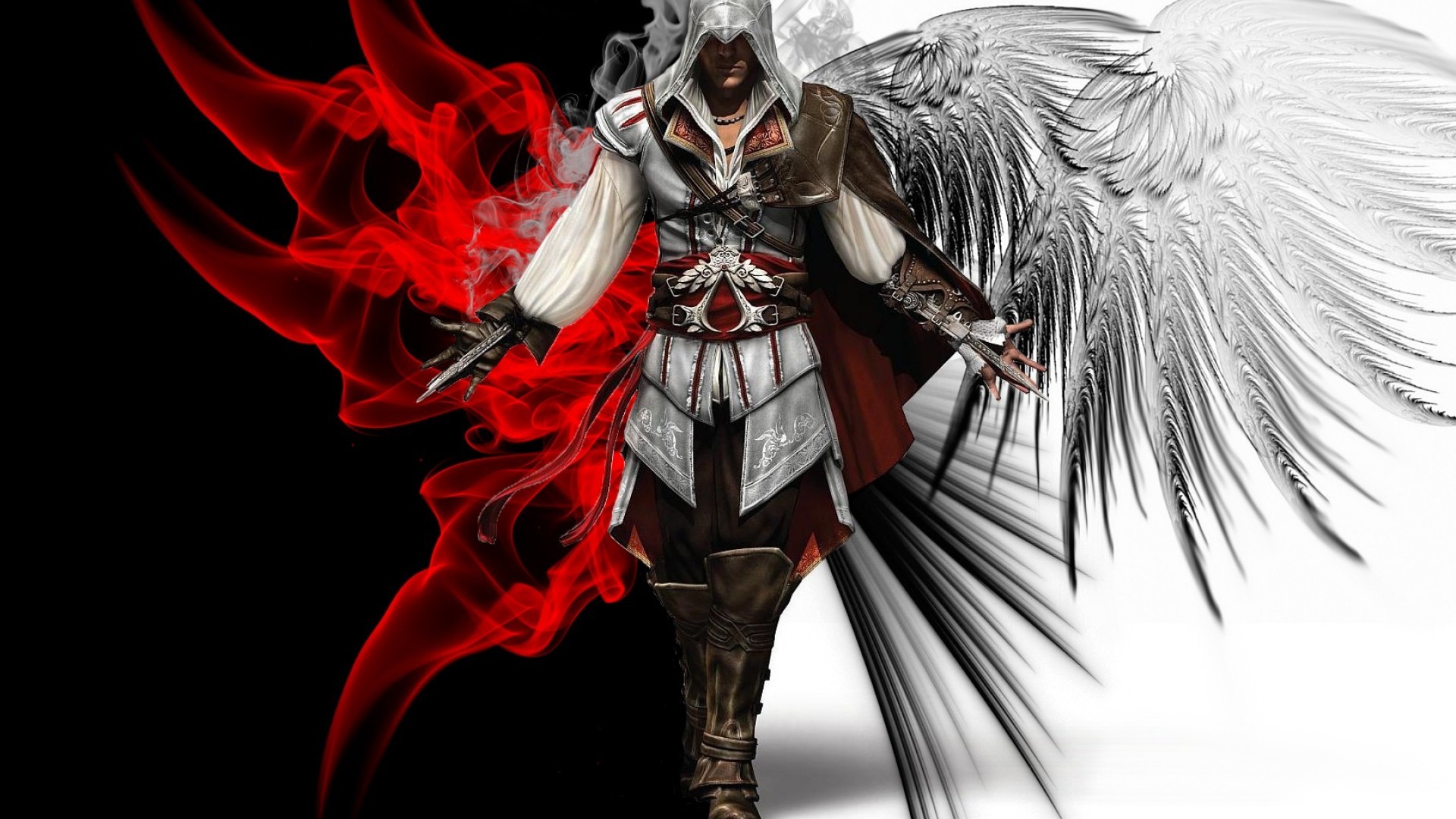 Ezio Auditore, Assassin's Creed II, Ali, Fumo rosso, Arte digitale, sfondo widescreen Full HD