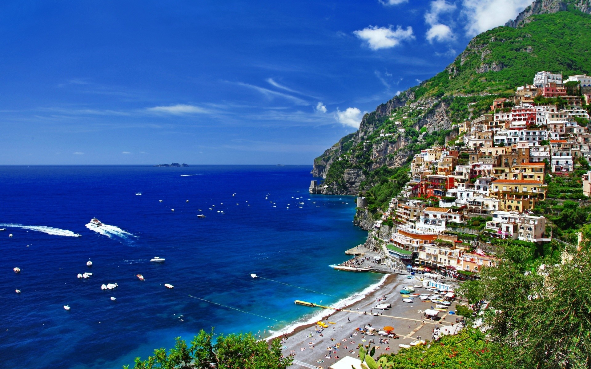 Positano, Costiera Amalfitana, Italia, Mare blu, Spiaggia, 1920x1200, sfondo MacBook Pro