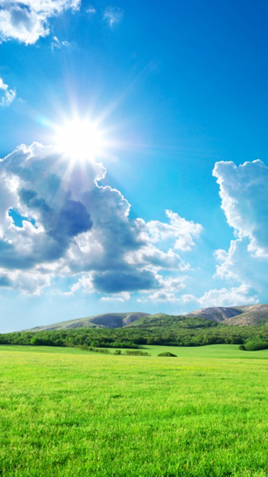 Prato verde, Sole, Cielo azzurro, Nuvole, Colline, schermata Home Galaxy S5