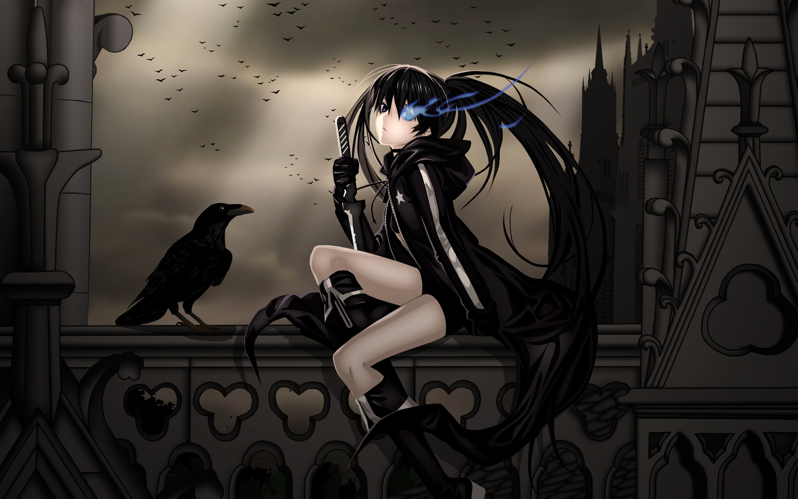 Black Rock Shooter, Corvo, Gotico, Anime, 2K 1600p, sfondo desktop