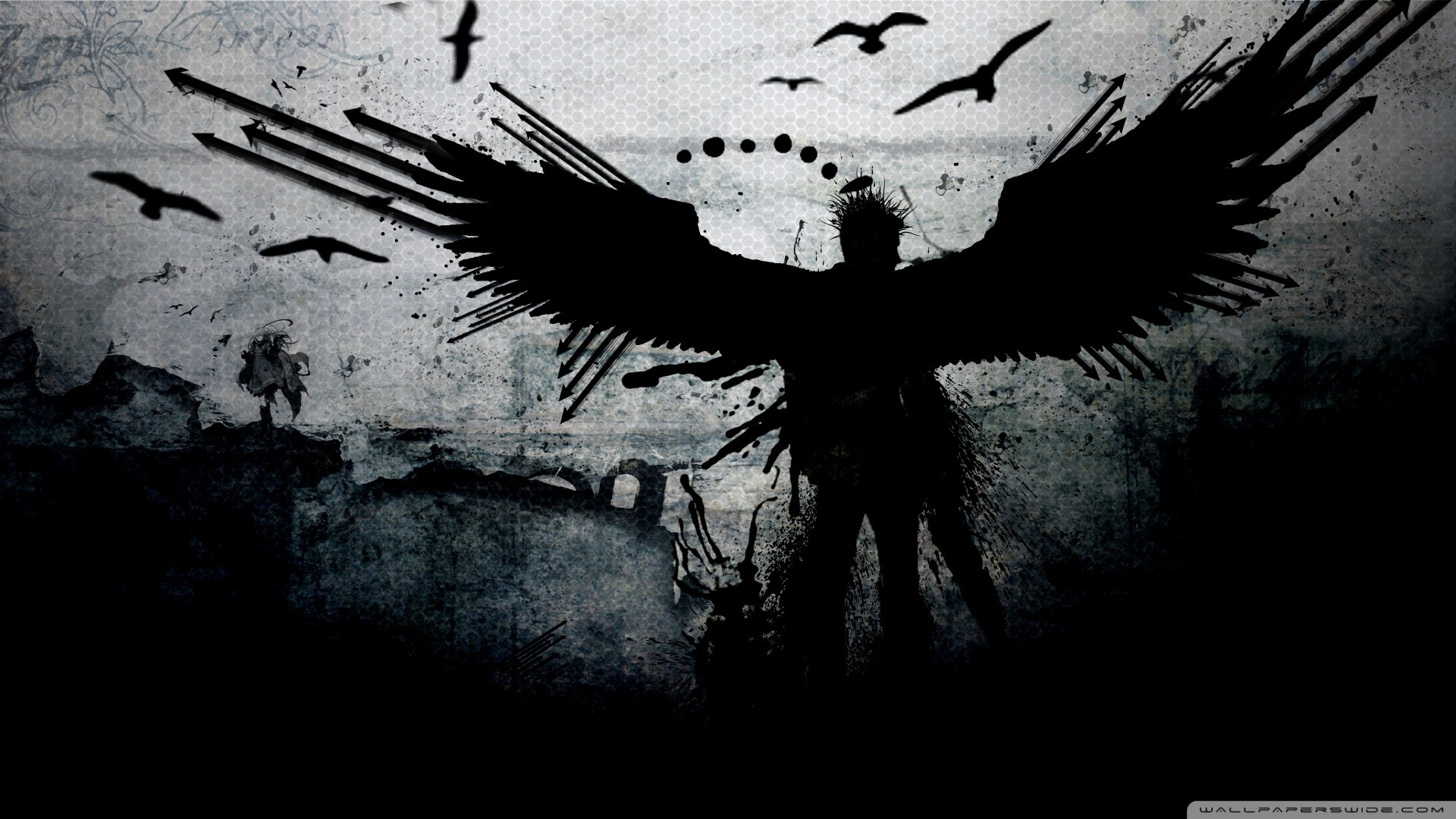 Angelo oscuro, Ali nere, Corvi, Grunge, Full HD, sfondo desktop