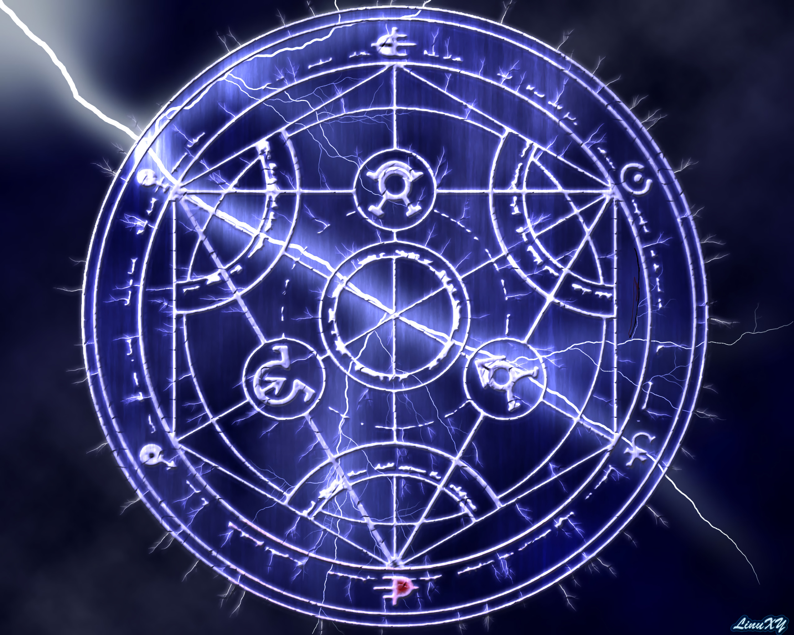 Cerchio di trasmutazione, Fullmetal Alchemist: Brotherhood, Fulmini, Blu, sfondo 2K per portatile