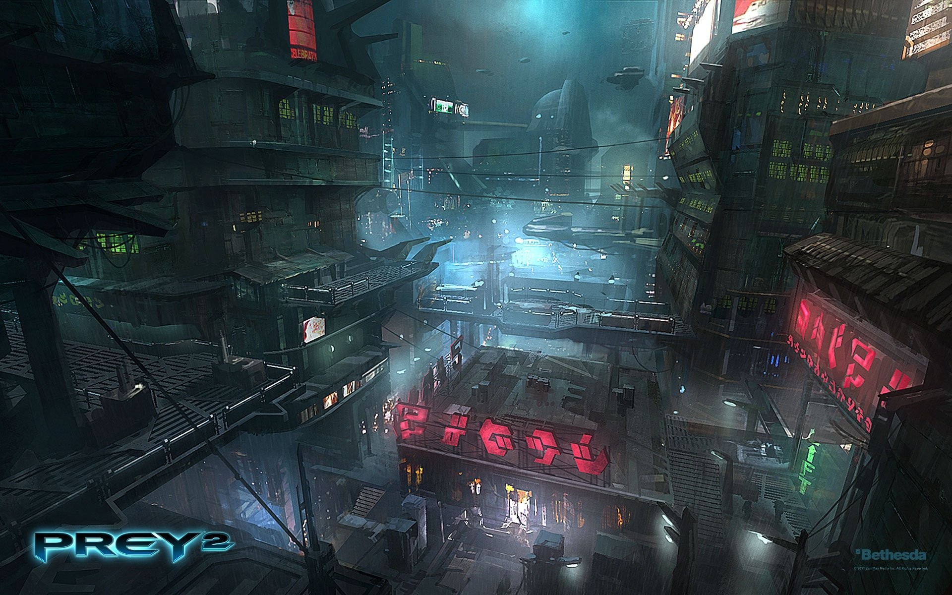 Prey 2, Città cyberpunk, Insegne al neon, Notte, 16:10 Full HD, sfondo widescreen