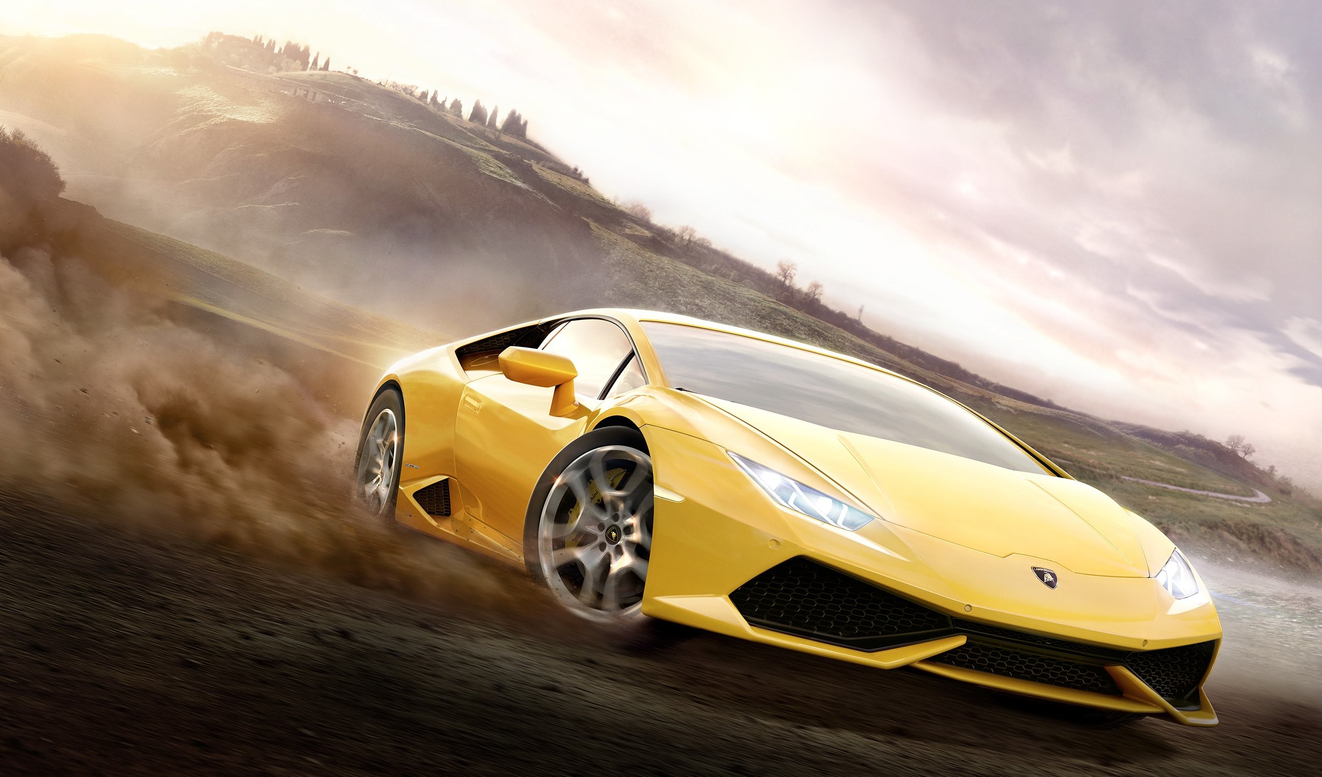 Lamborghini Huracán, Giallo, Polvere, Sterrato, 2K, sfondo desktop