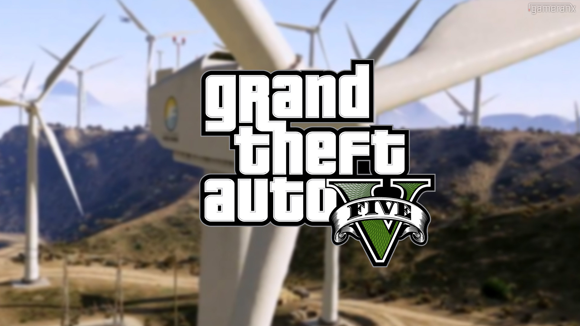 Grand Theft Auto V, Logo, Pale eoliche, Colline, 1920x1080, sfondo per PC