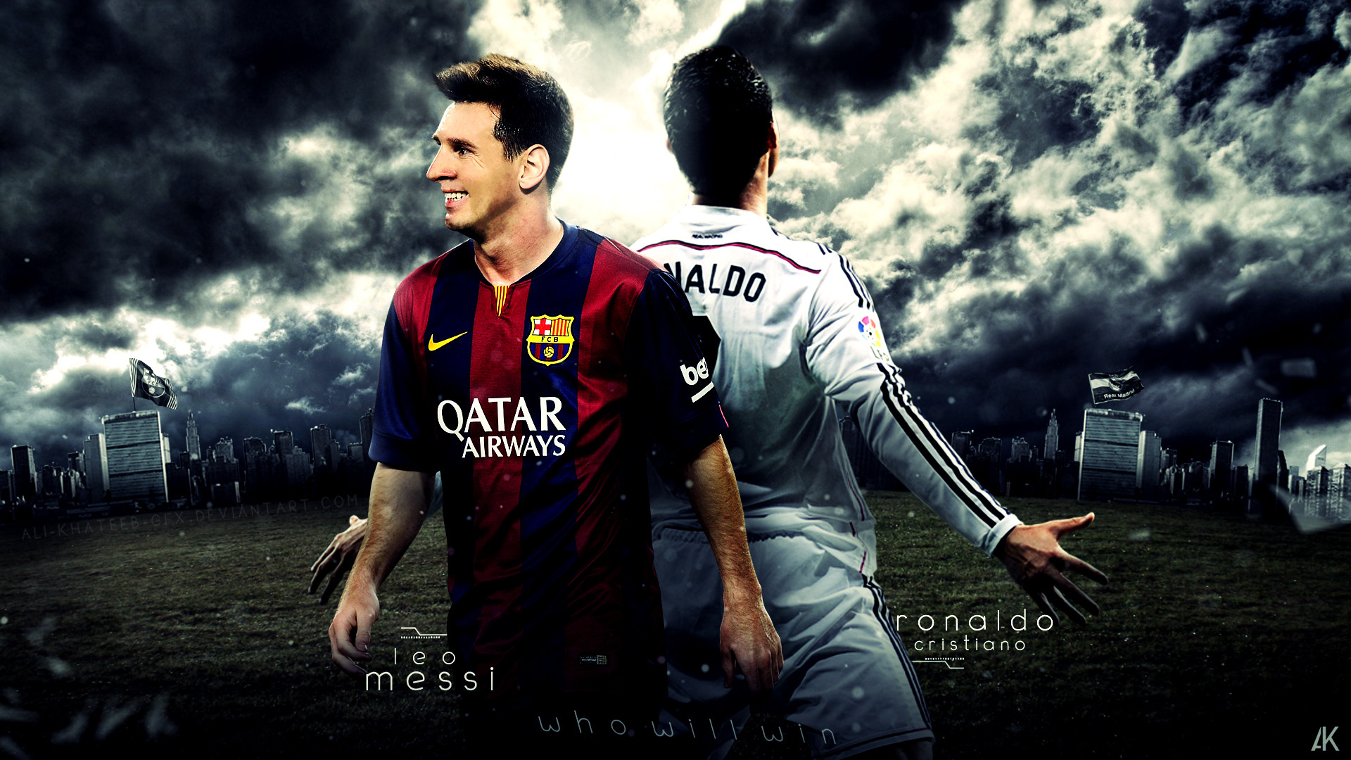 Lionel Messi, Cristiano Ronaldo, FC Barcelona, Real Madrid, Nuvole, sfondo widescreen Full HD