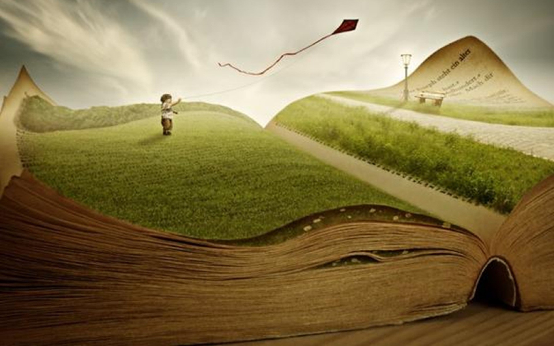 Libro aperto, Aquilone, Bambino, Paesaggio surreale, 1920x1200, sfondo MacBook Pro