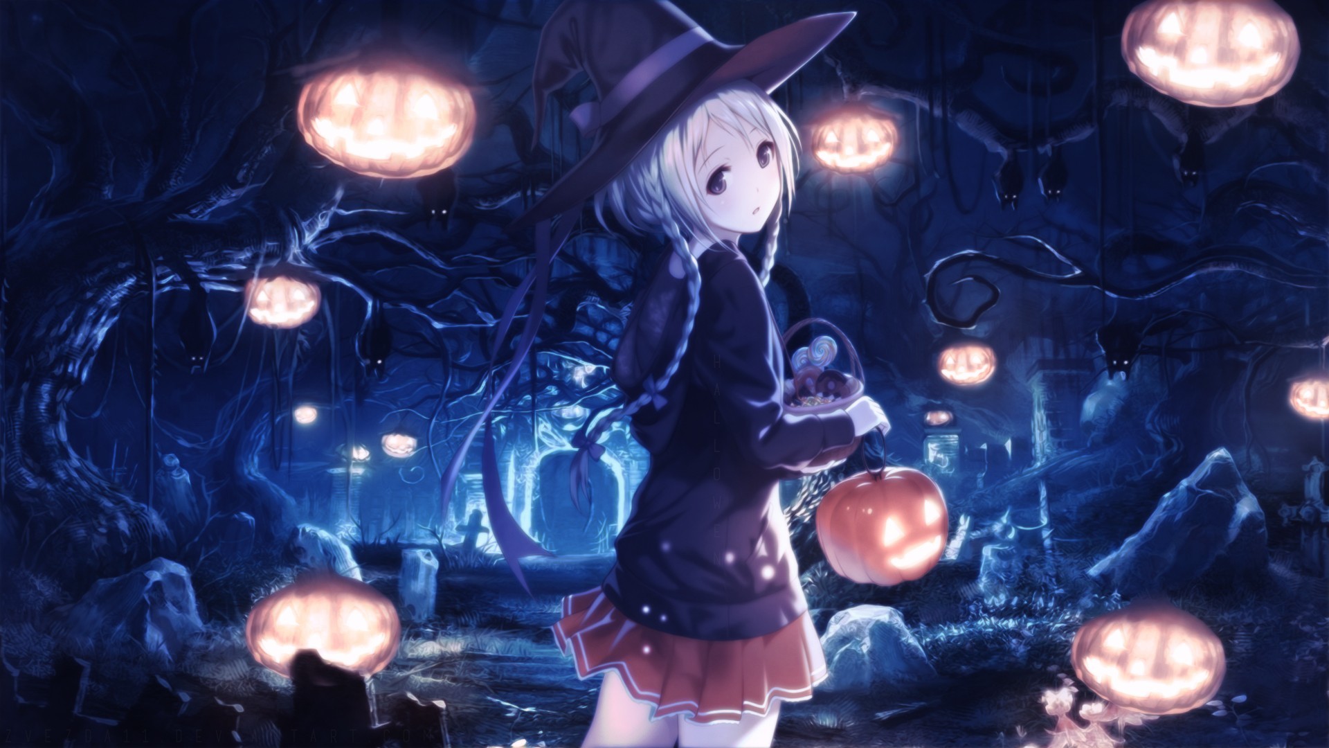 Strega anime, Lanterne a zucca, Bosco, Anime, 1920x1080, immagine di sfondo