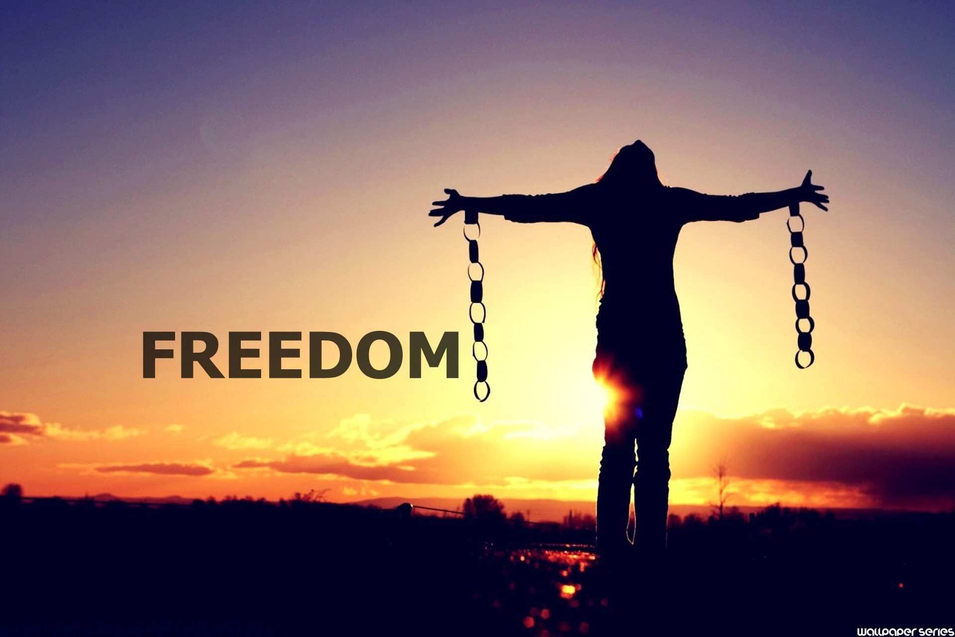 Freedom, Catene spezzate, Silhouette, Tramonto, Tipografia, Full HD, sfondo Windows 11