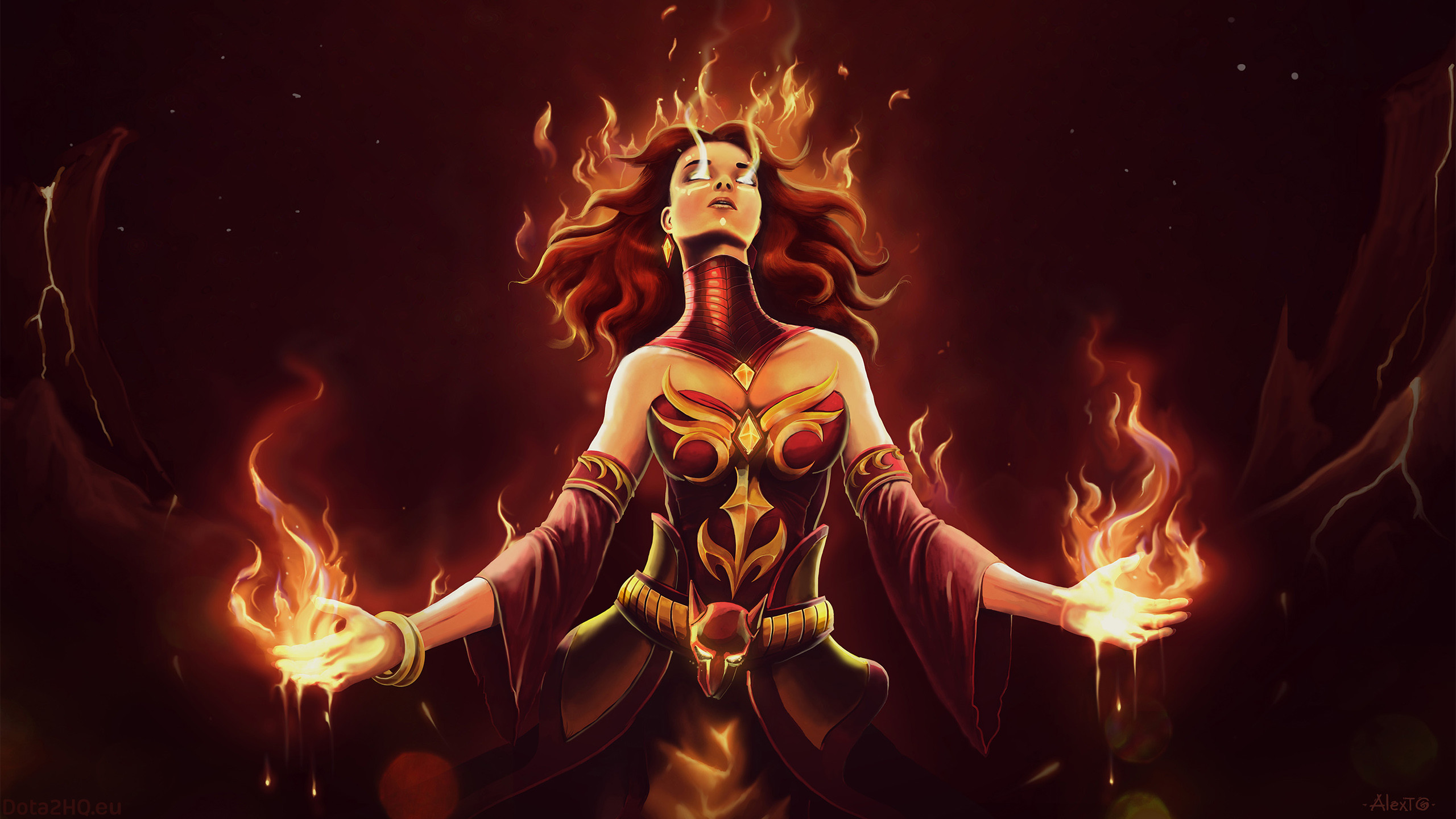 Lina, Dota 2, Fiamme, Fuoco, 2560x1440, immagine di sfondo