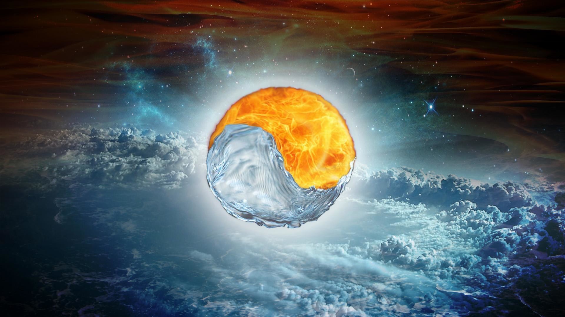 Yin e yang, Fuoco e acqua, Nuvole, Full HD, sfondo desktop