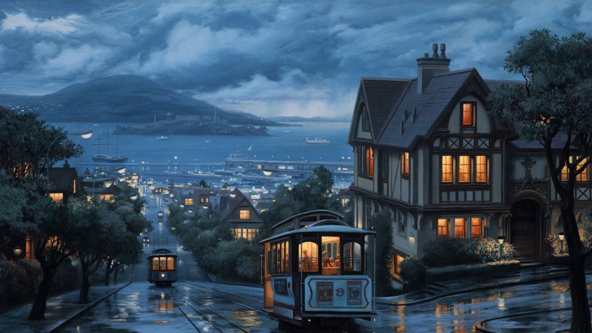 San Francisco, Cable car, Pioggia, Sera, Dipinto, Full HD, sfondo per portatile