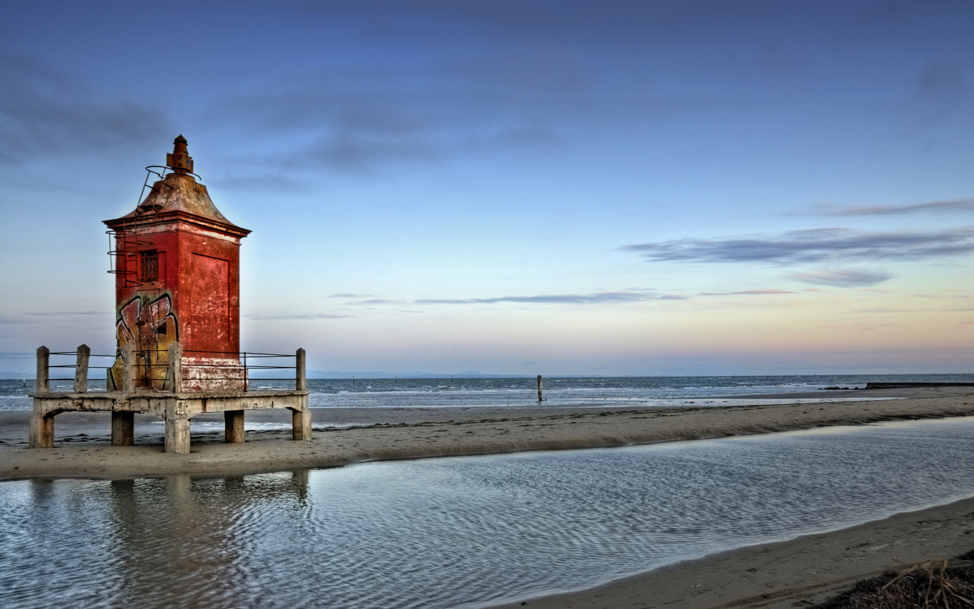 Faro rosso, Lignano, Riva, Bassa marea, Cielo, 1920x1200, sfondo per PC