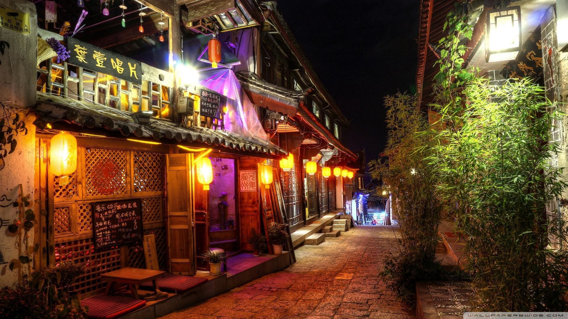 Cina, Città vecchia, Lanterne rosse, Notte, 1920x1080, immagine di sfondo