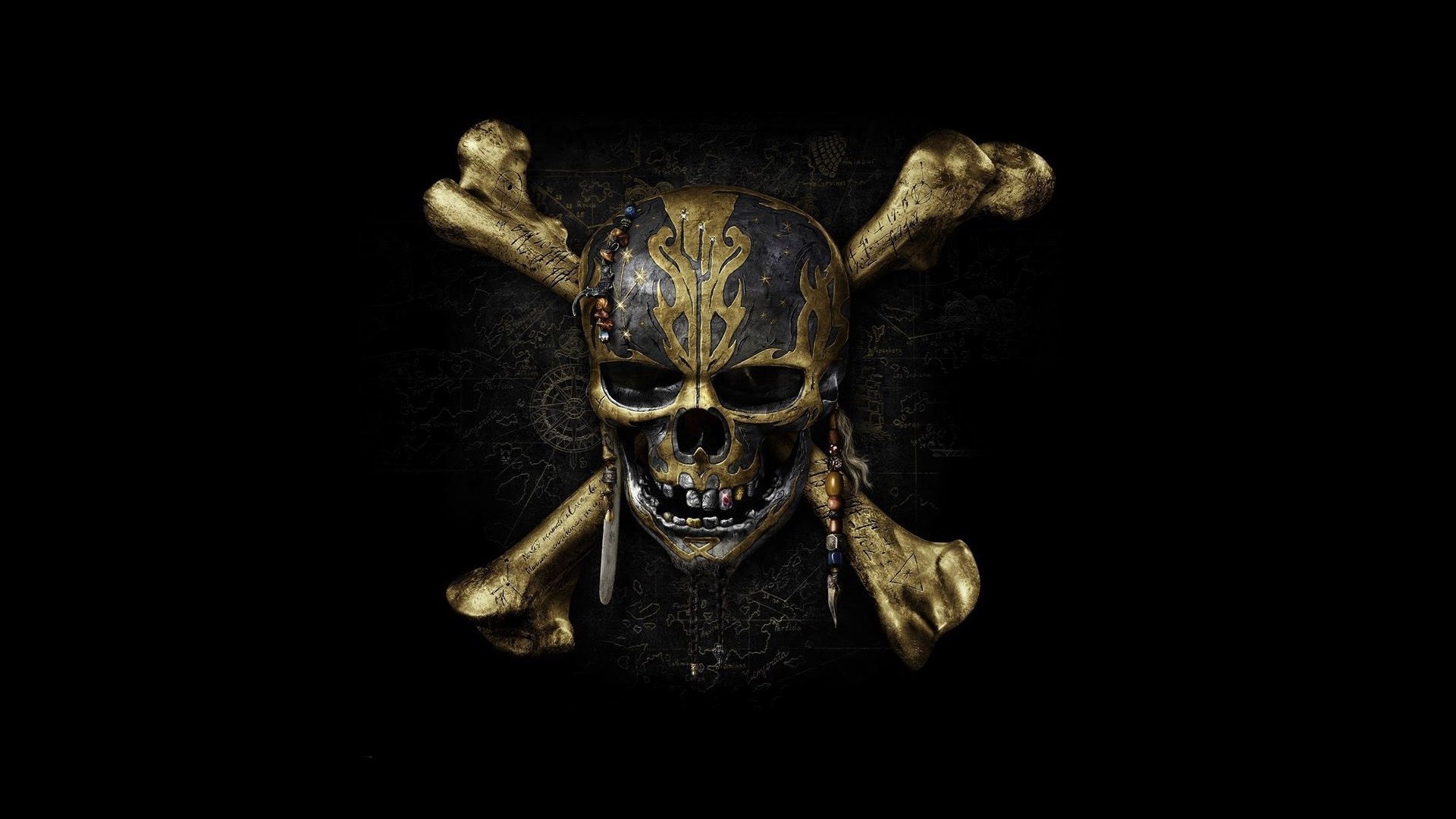 Pirati dei Caraibi, Teschio e tibie, Oro, Sfondo nero, Full HD, wallpaper per computer