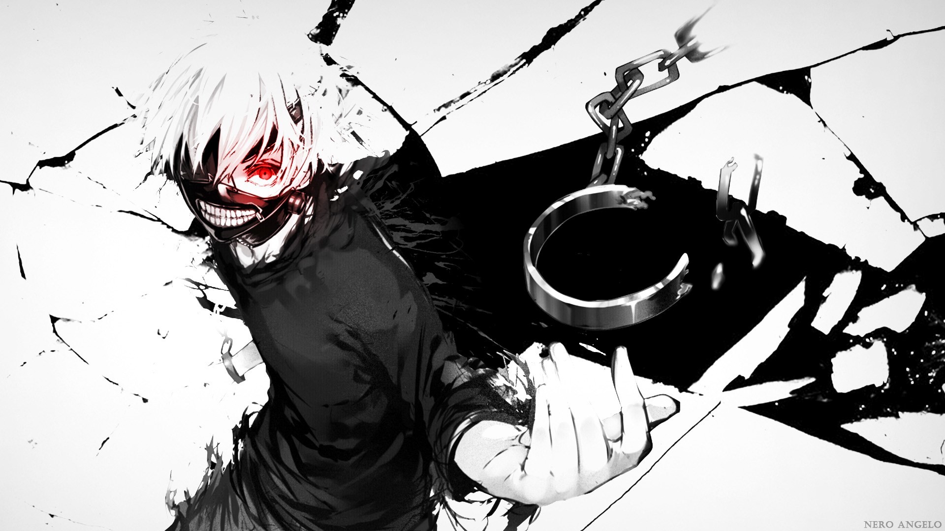 Ken Kaneki, Tokyo Ghoul, Maschera, Catene, Bianco e nero, Full HD, sfondo per portatile
