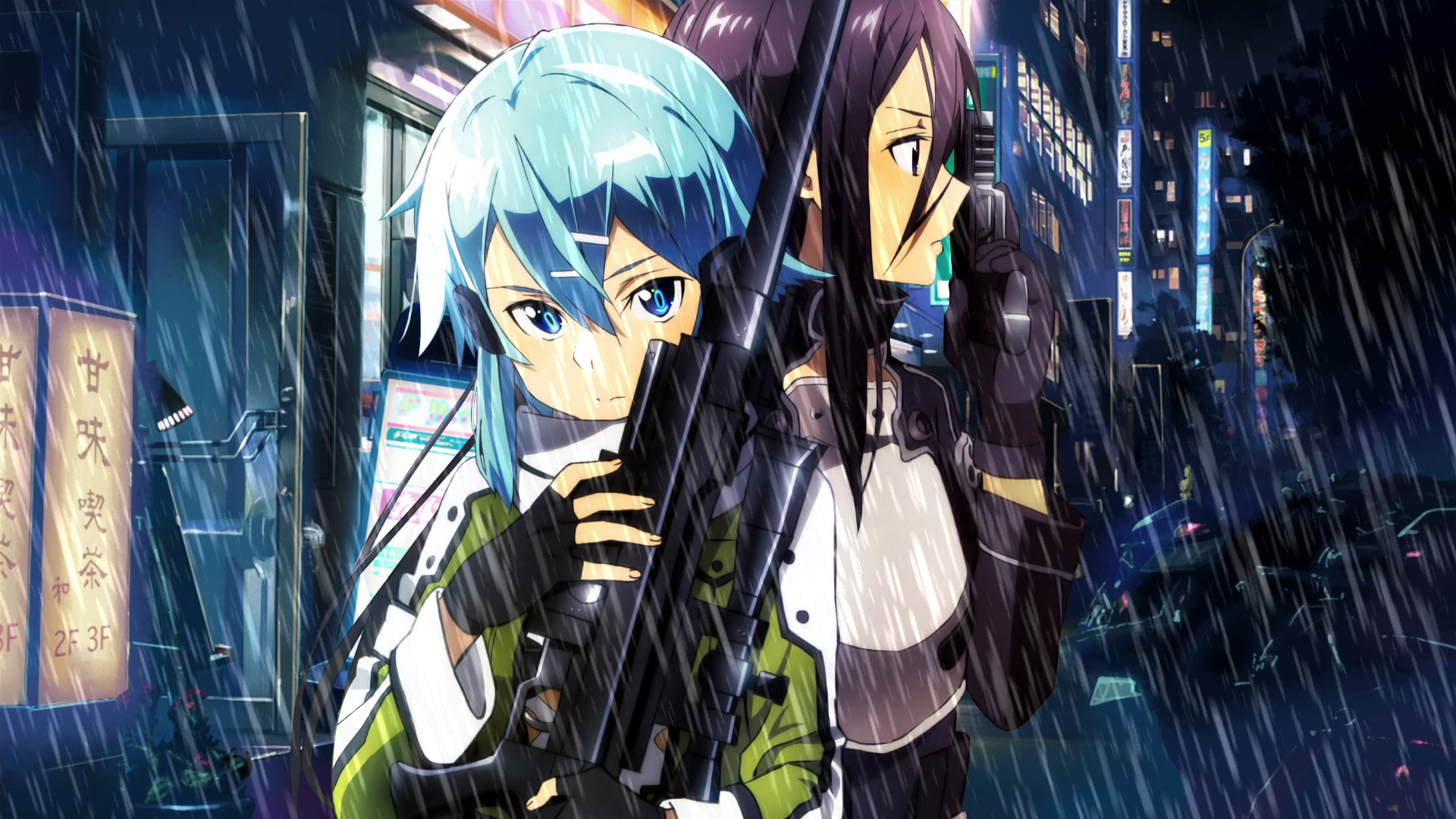 Sinon, Kirito, Gun Gale Online, Pioggia, Città, Full HD, sfondo per PC