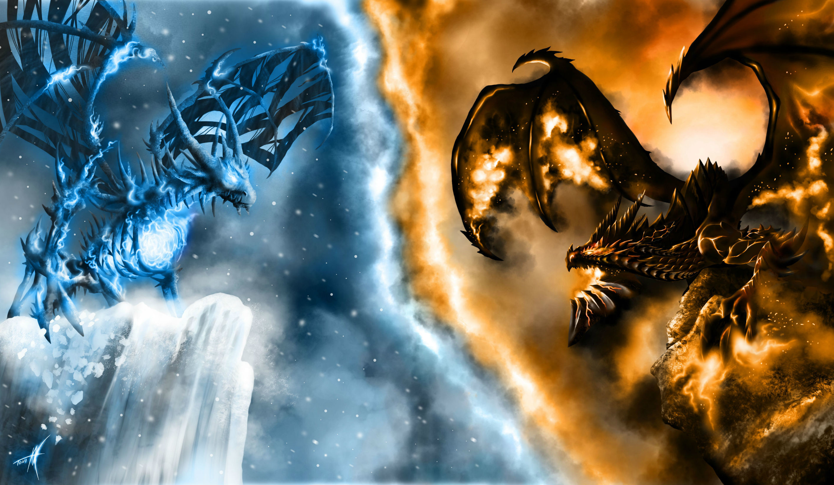 Drago di ghiaccio, Drago di fuoco, Battaglia, Arte fantasy, 2K, sfondo desktop