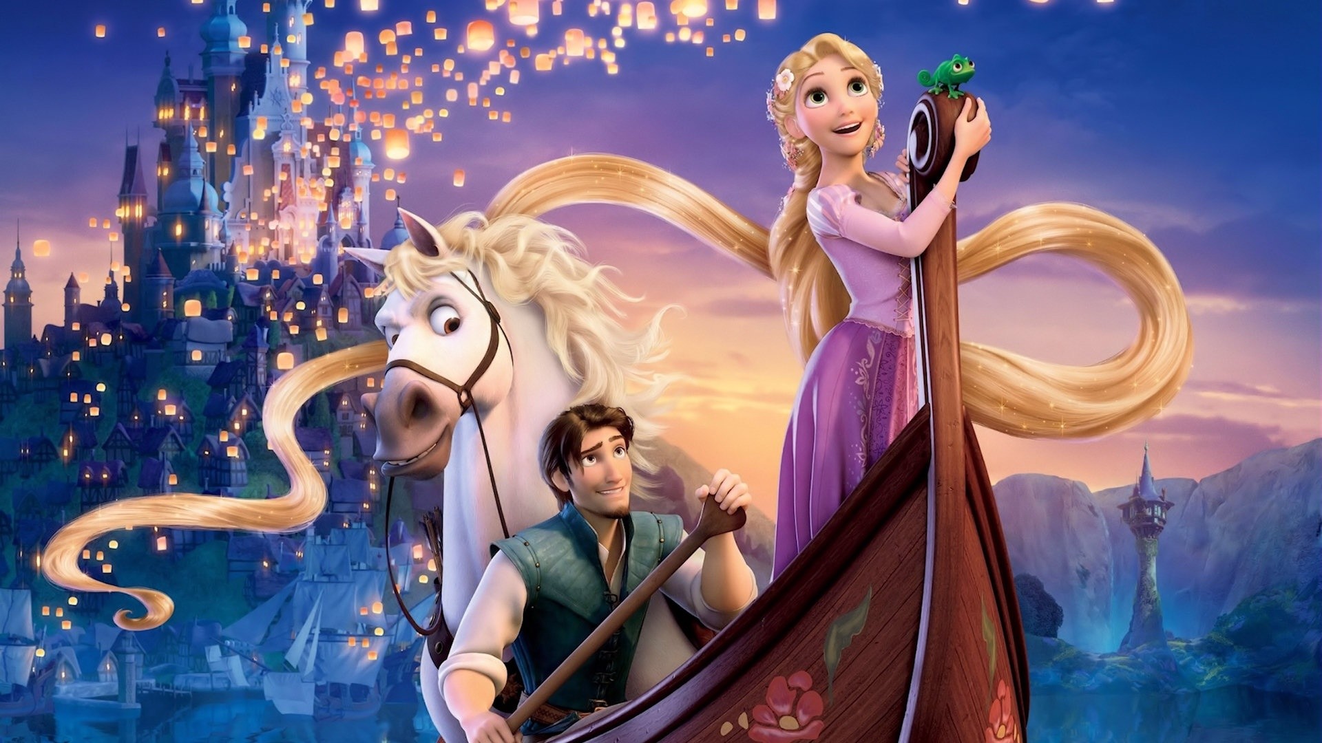 Rapunzel - L'intreccio della torre, Rapunzel, Flynn Rider, Maximus, Lanterne, sfondo Full HD