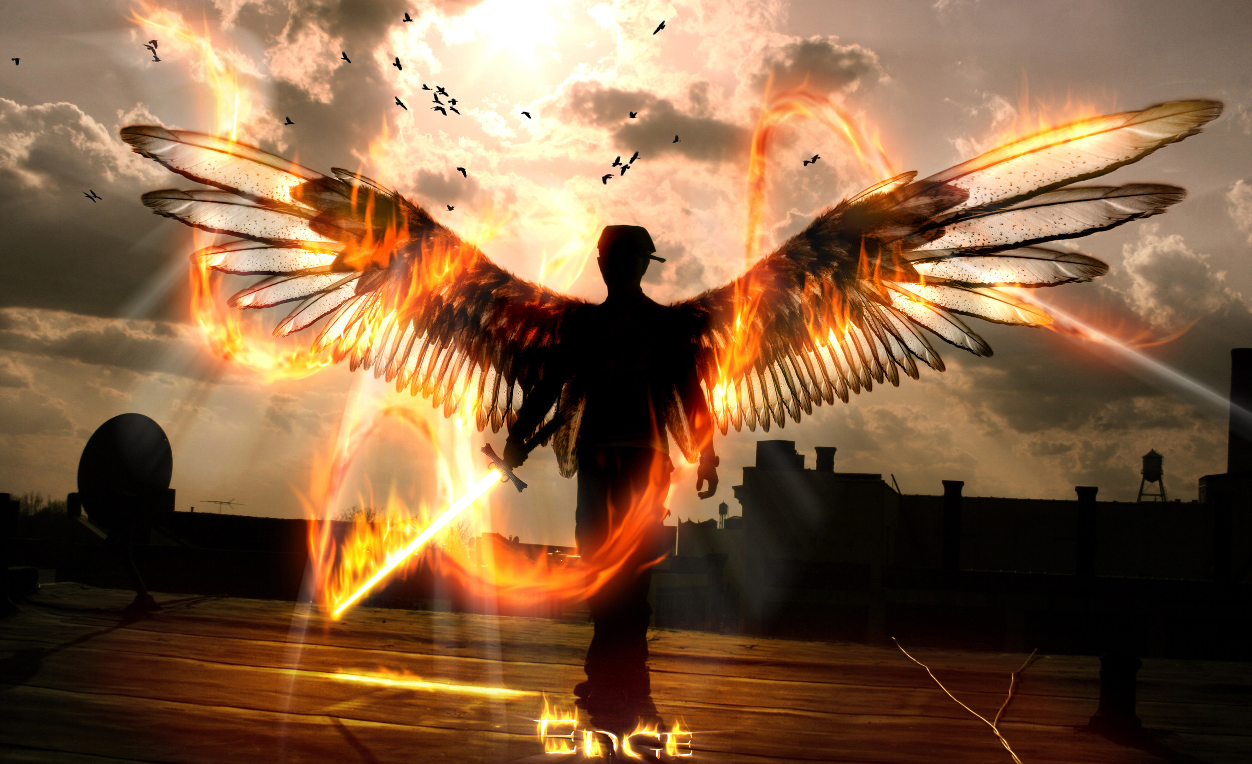 Angelo, Ali infuocate, Silhouette, Tramonto, Full HD, sfondo per PC