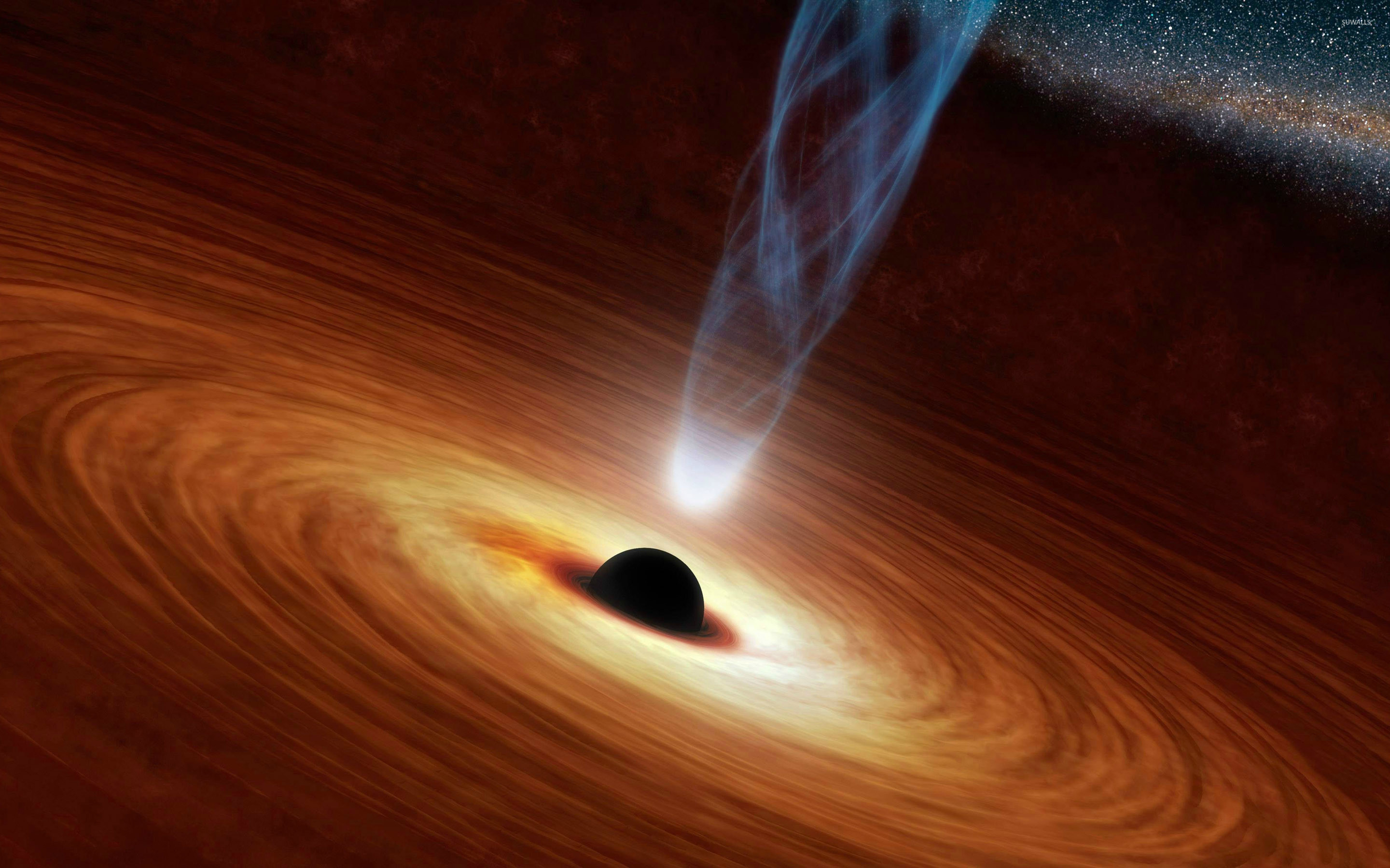 Buco nero, Disco di accrescimento, Getto relativistico, Spazio, Arancione, sfondo widescreen 2K
