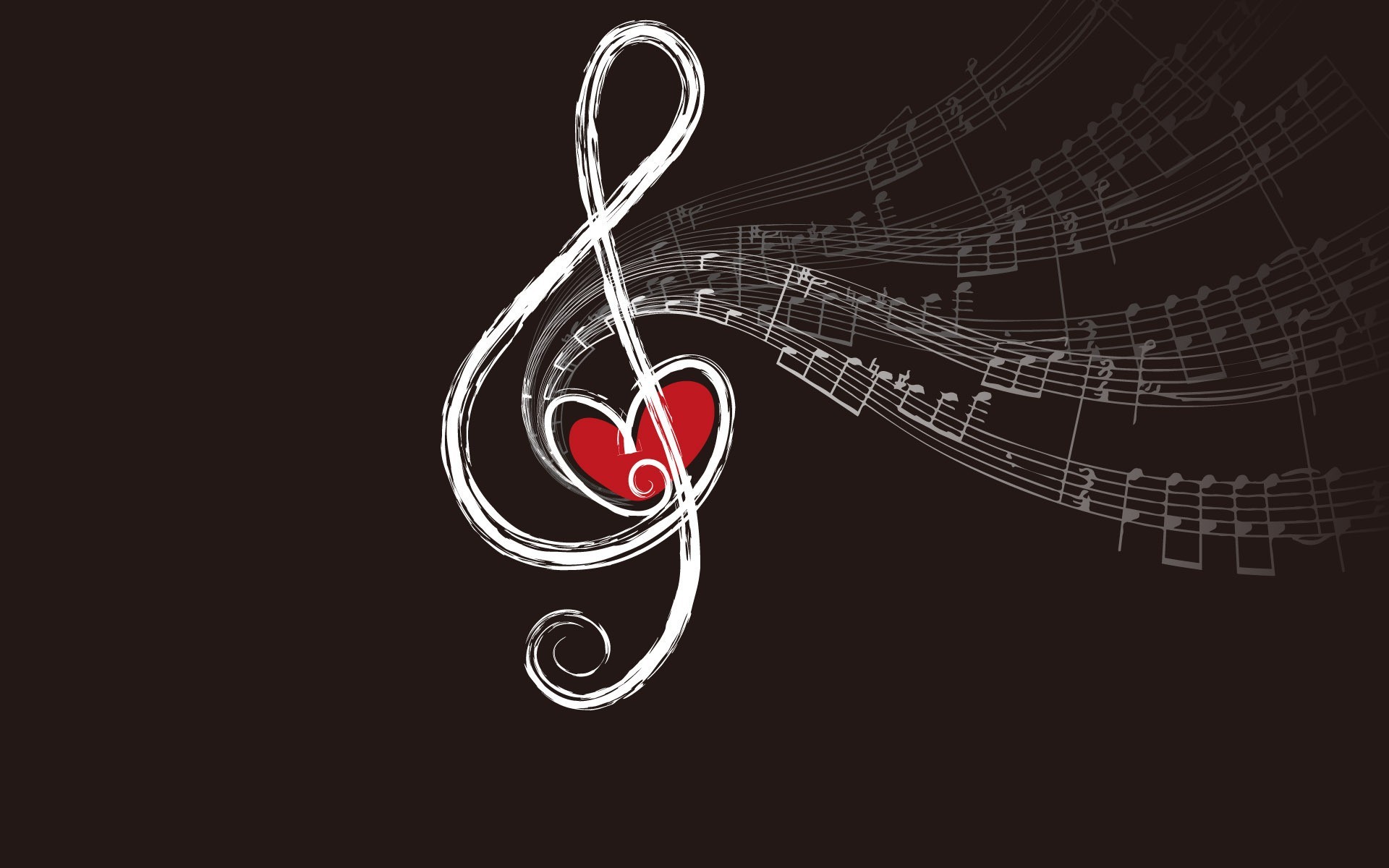 Chiave di violino, Cuore, Pentagramma, Sfondo scuro, 16:10 Full HD, wallpaper widescreen
