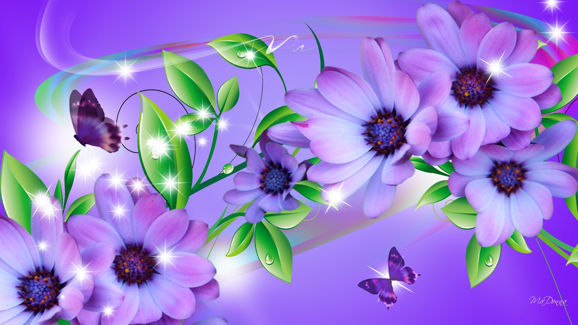 Fiori viola, Farfalle, Arte digitale, Viola, Full HD, wallpaper desktop