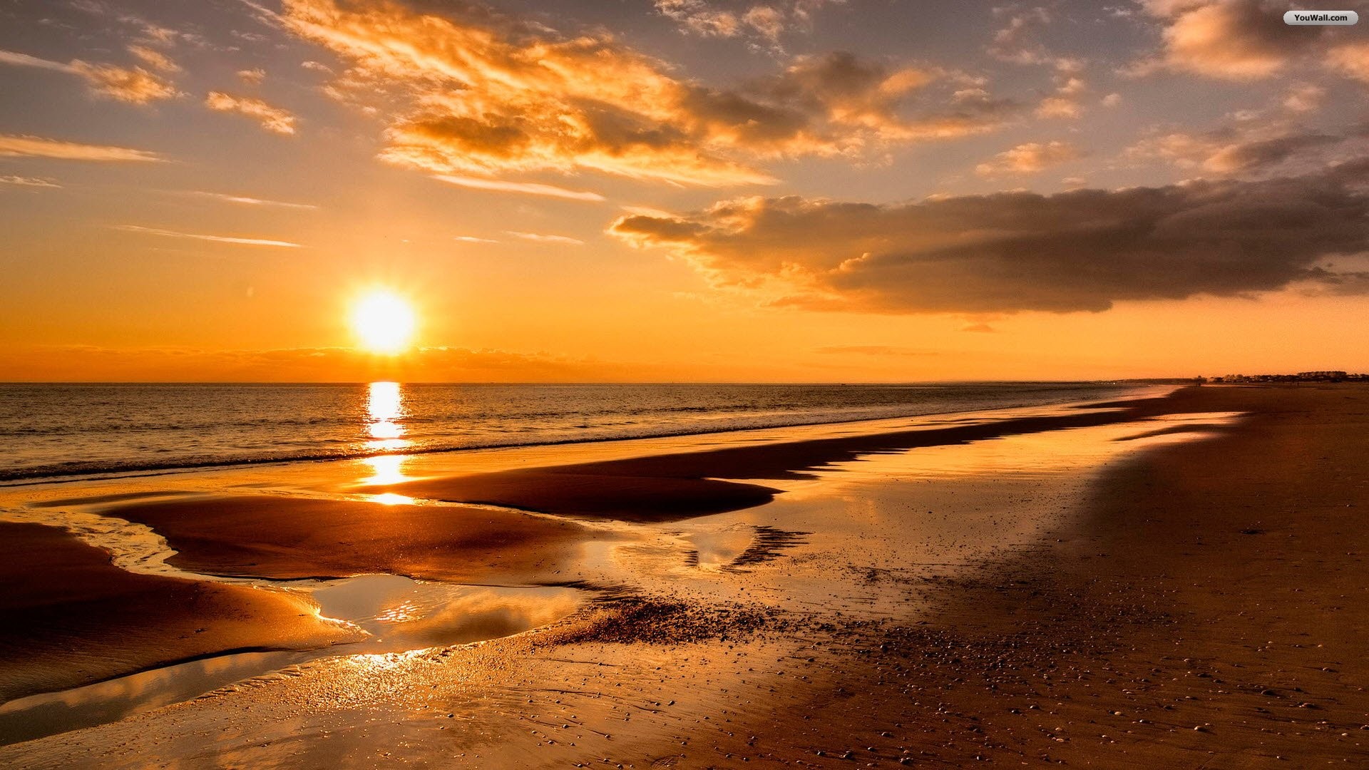 Spiaggia, Tramonto sul mare, Nuvole, Sabbia bagnata, Full HD, sfondo Windows 11
