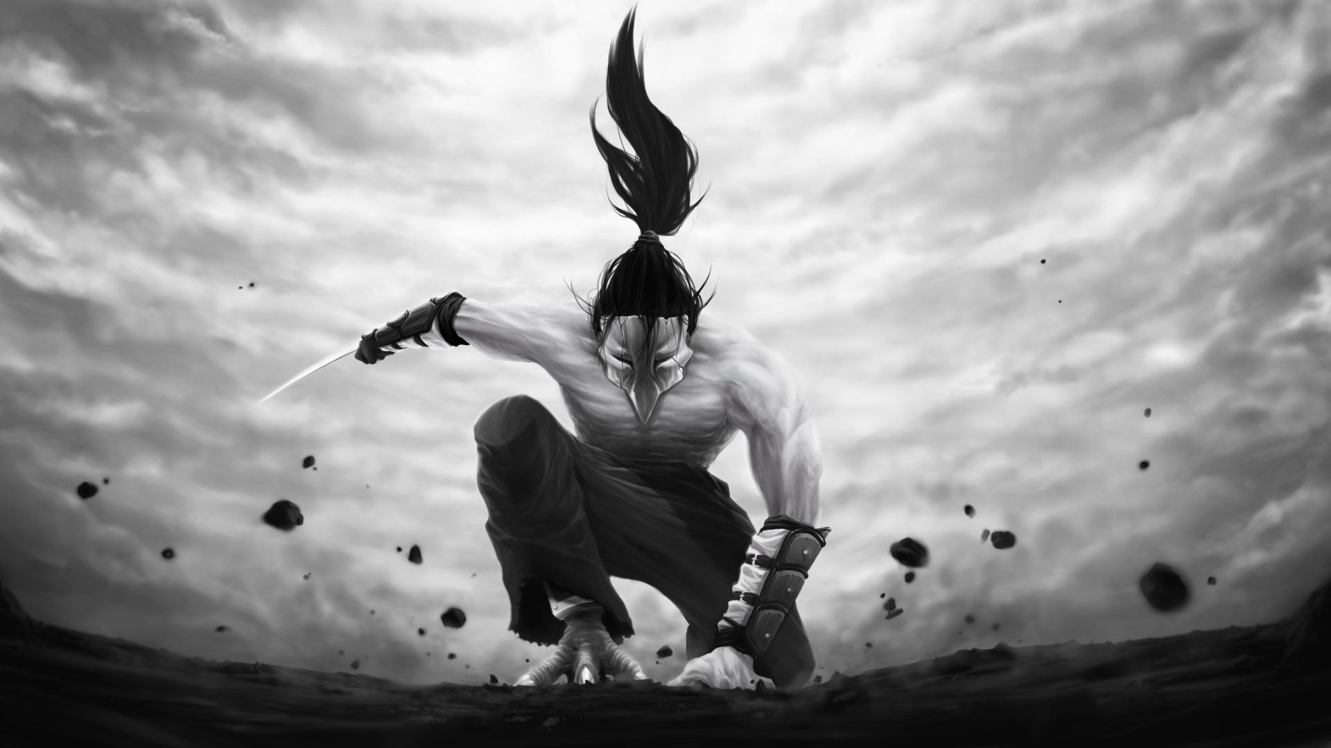 Ninja, Katana, Bianco e nero, Combattimento, 16:9 Full HD, sfondo widescreen