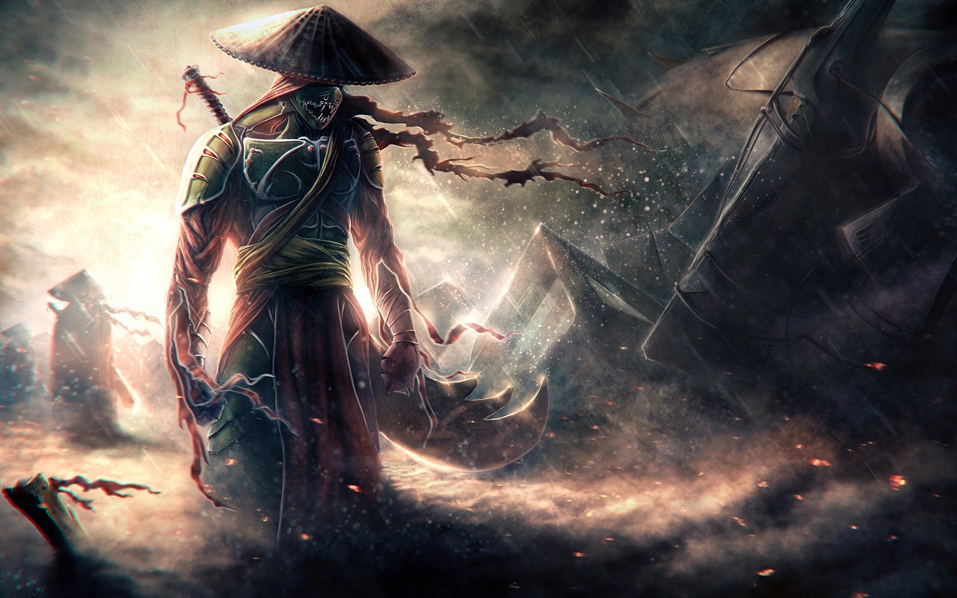Samurai, Cappello di paglia, Arte fantasy, Atmosfera cupa, 1920x1200, immagine di sfondo