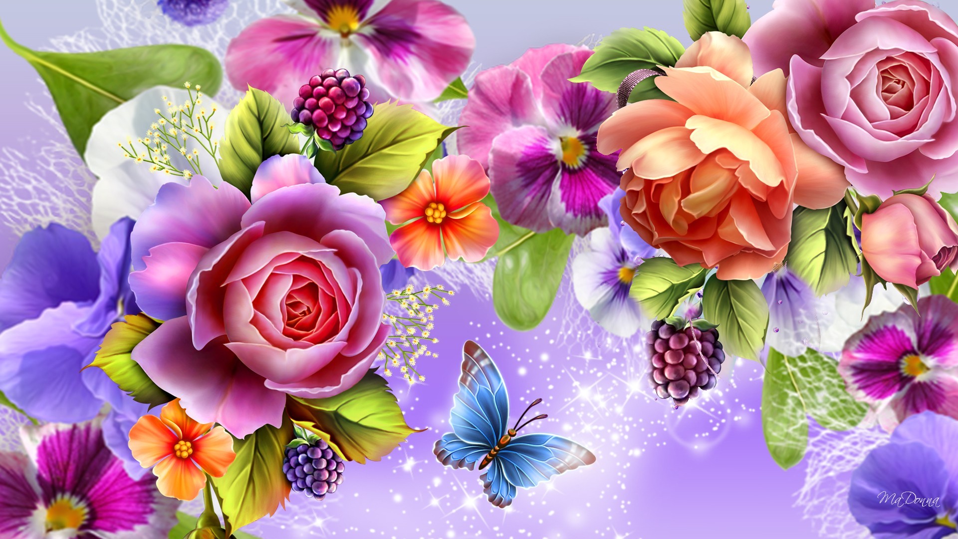 Rose, Bouquet, Farfalla, Illustrazione, Full HD, sfondo per desktop