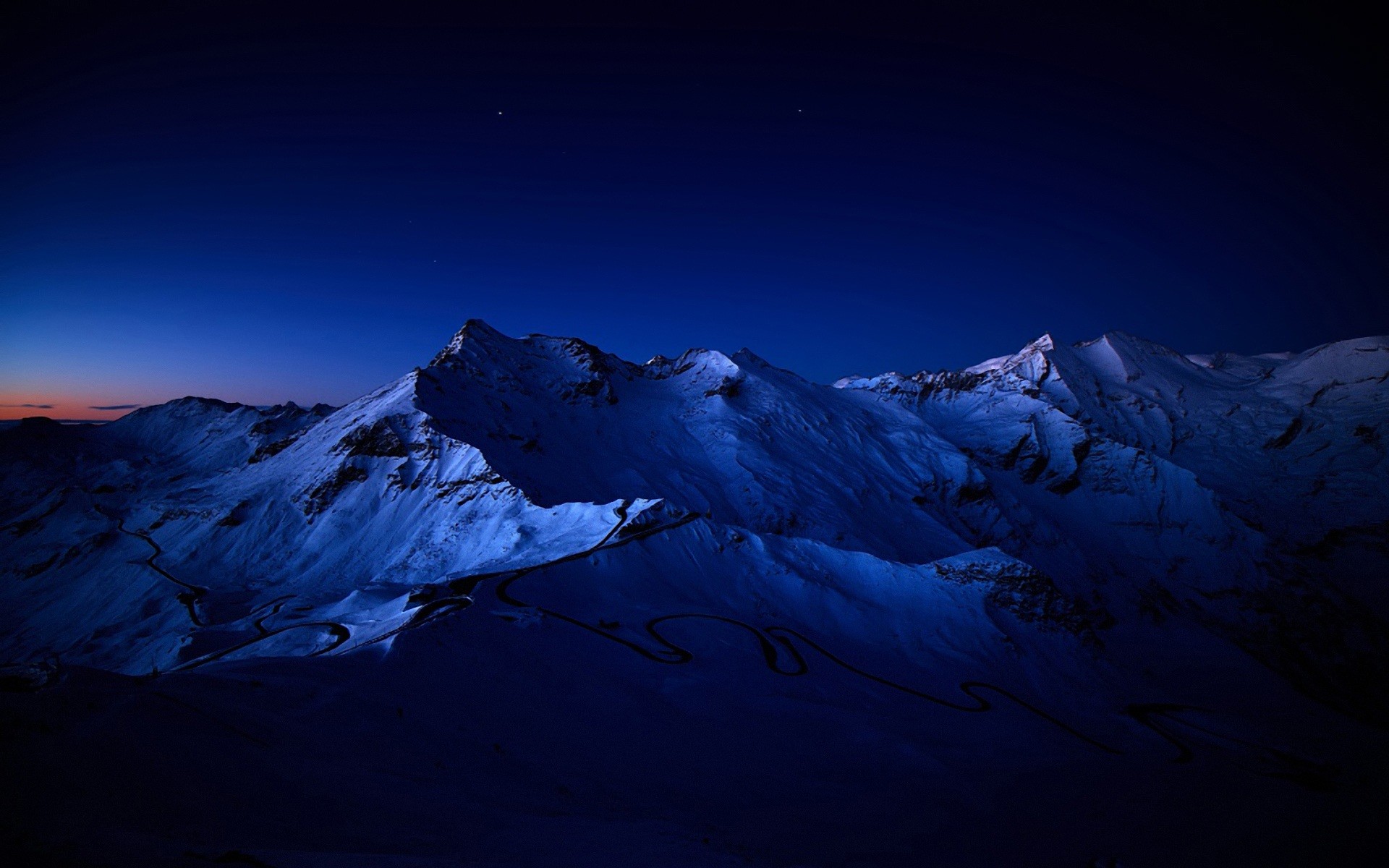 Montagne innevate, Crepuscolo, Toni blu, Notte, 1920x1200, sfondo per PC