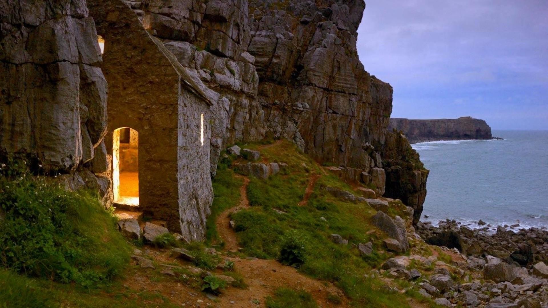 Grotta, Scogliere, Mare, Full HD, sfondo Windows 11
