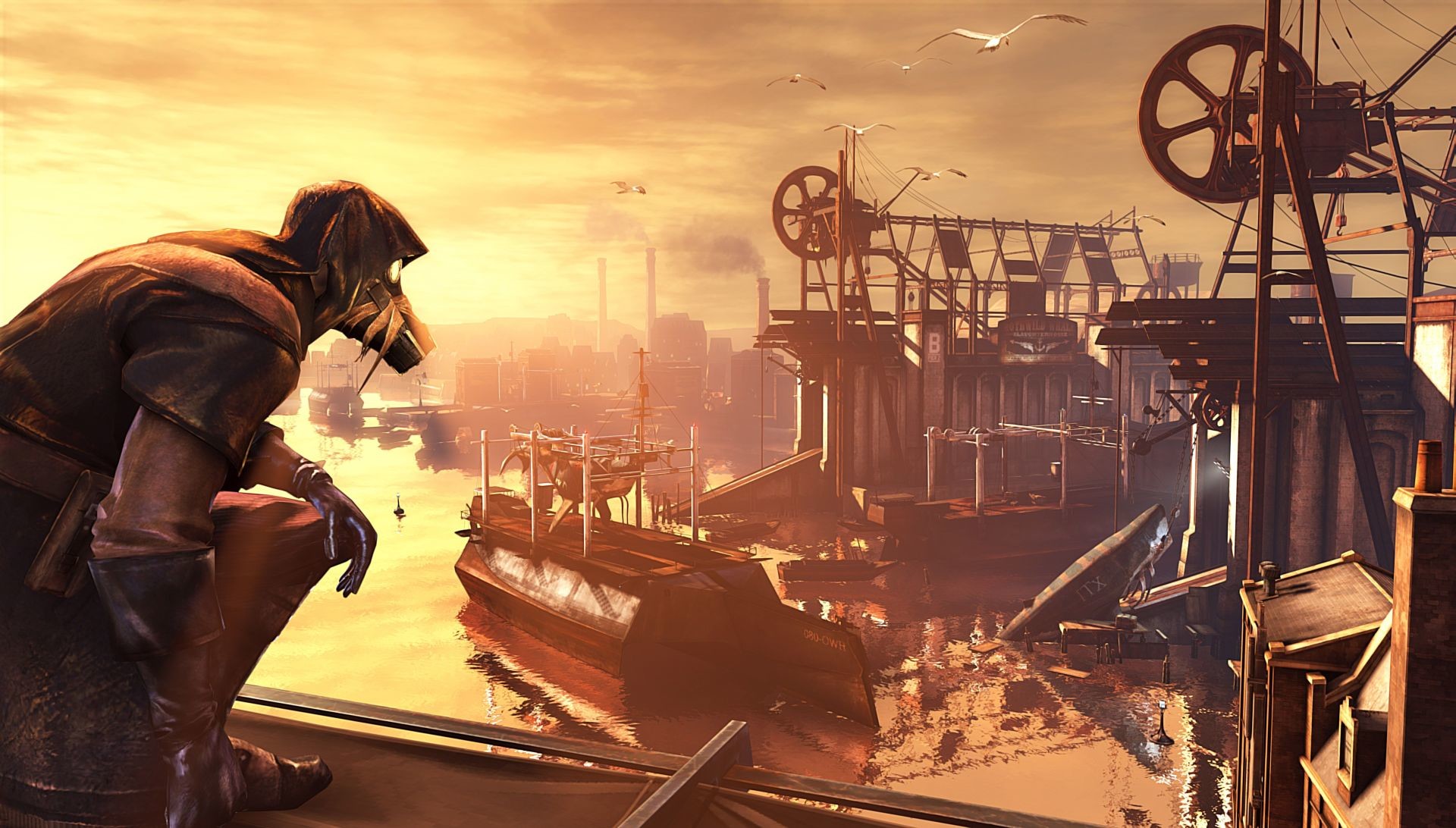 Dishonored, Dunwall, Porto, Tramonto, Arte concettuale, Full HD, sfondo desktop