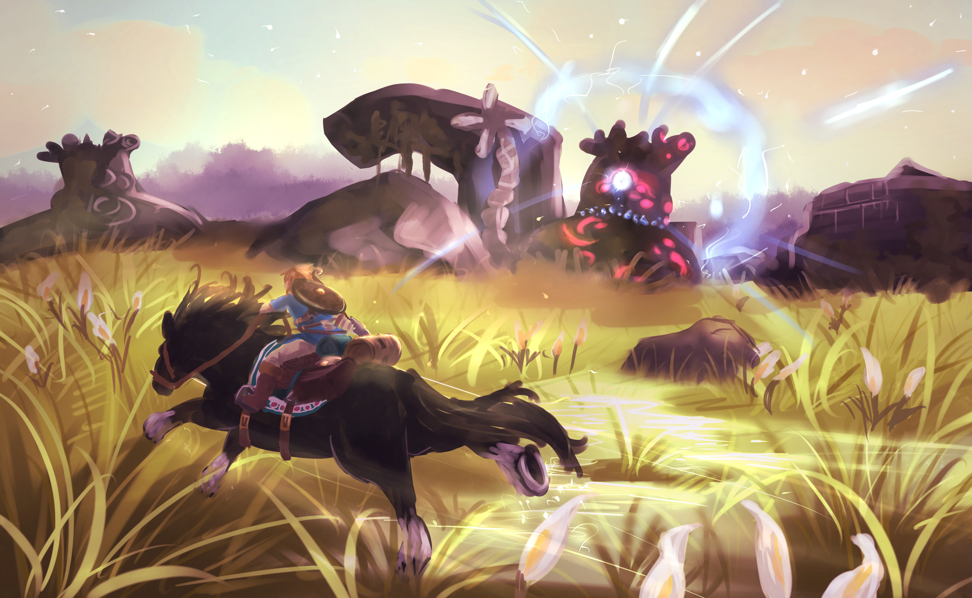 Link, Guardiano, The Legend of Zelda: Breath of the Wild, Cavallo, Fan art, sfondo 2K per PC
