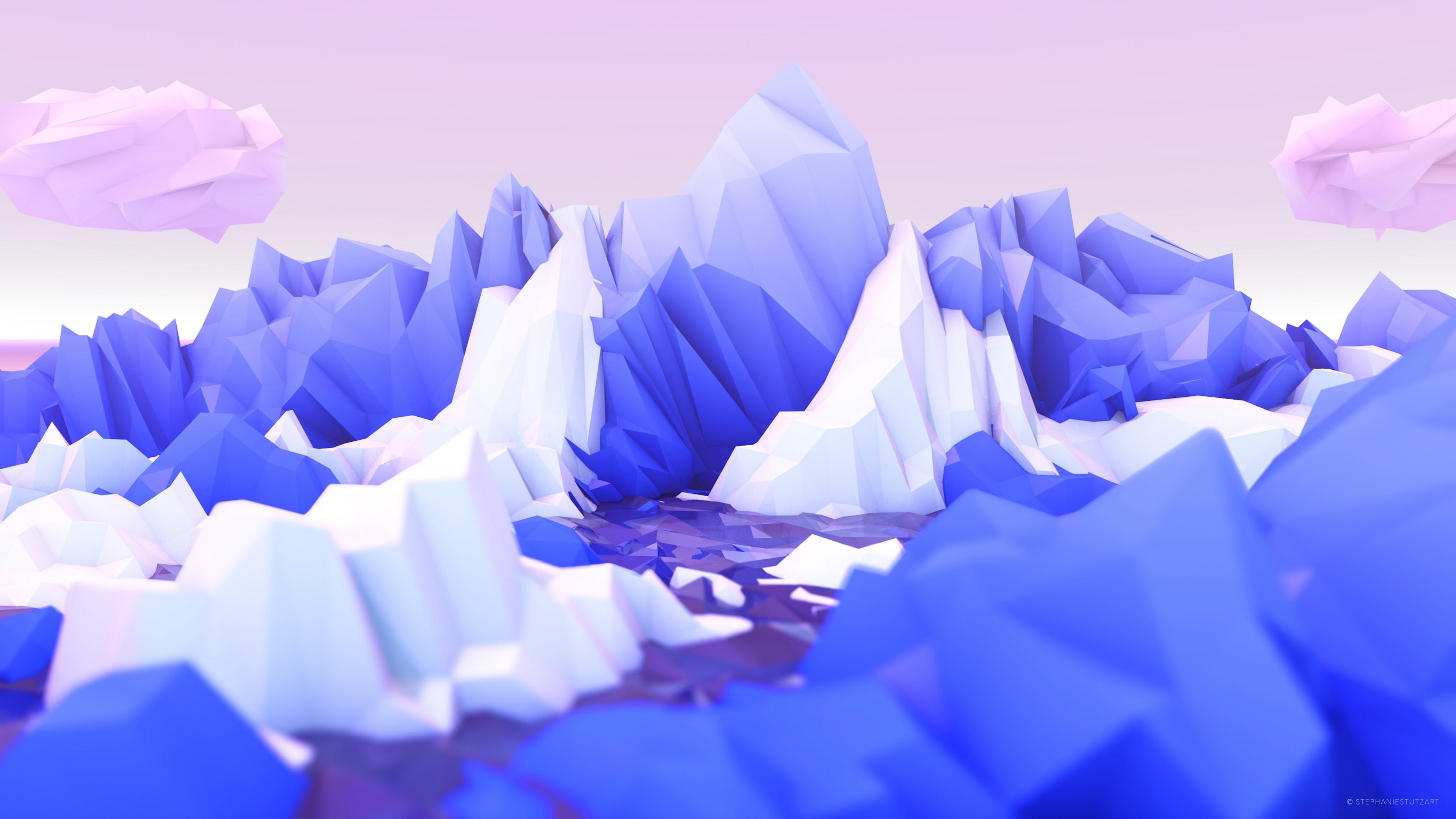 Low poly, Montagne, Ghiaccio, Blu, 4K, sfondo per portatile
