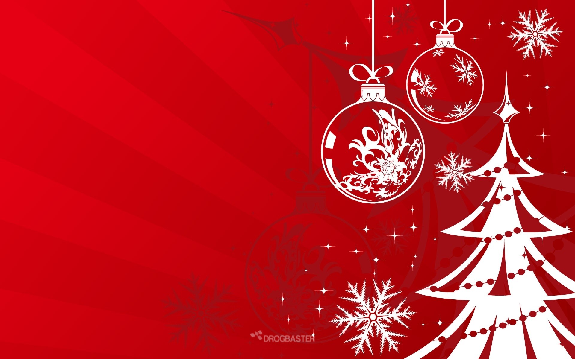 Albero di Natale, Palline decorative, Fiocchi di neve, Sfondo rosso, Bianco, wallpaper desktop