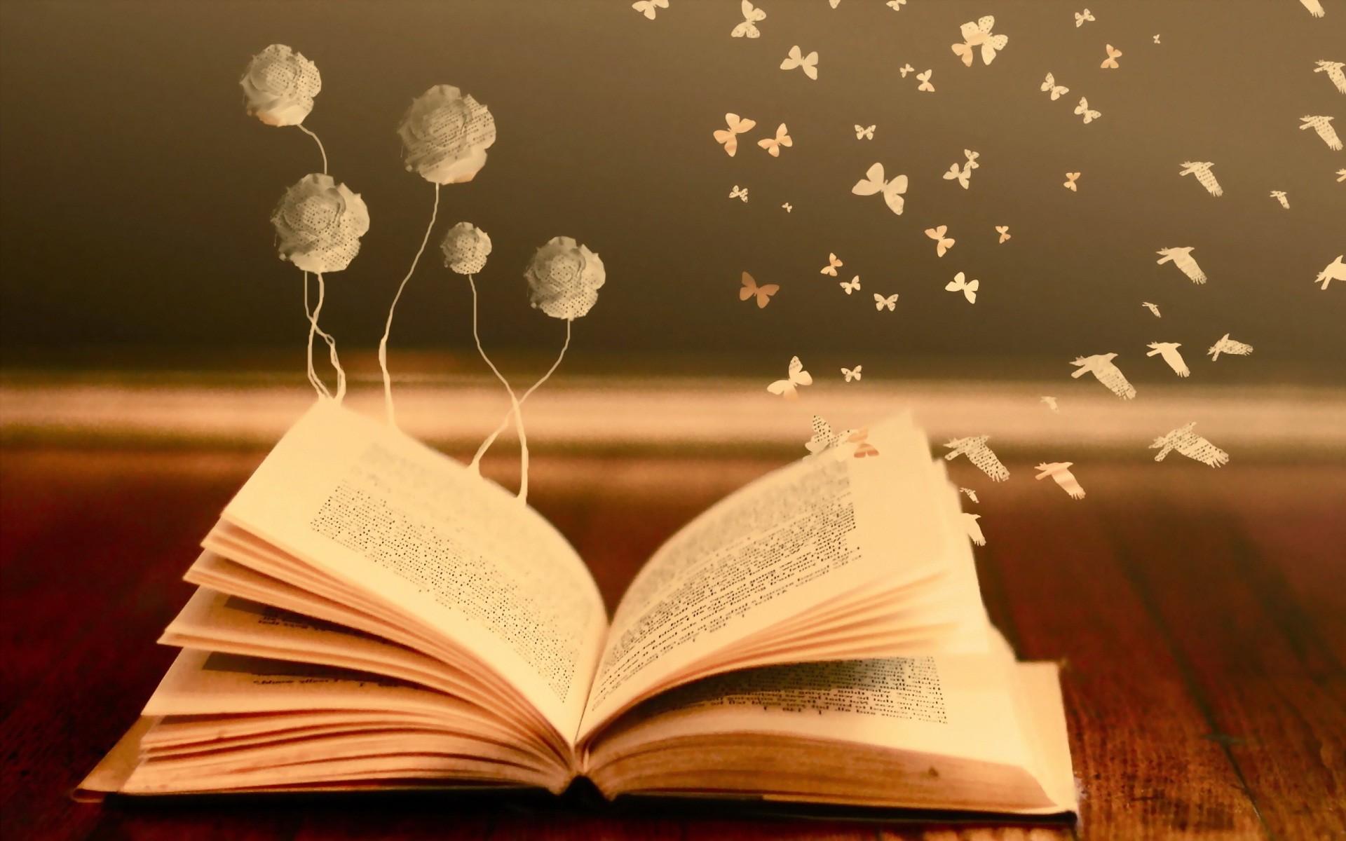 Libro aperto, Farfalle di carta, Fiori, Fantasia, Full HD, sfondo desktop
