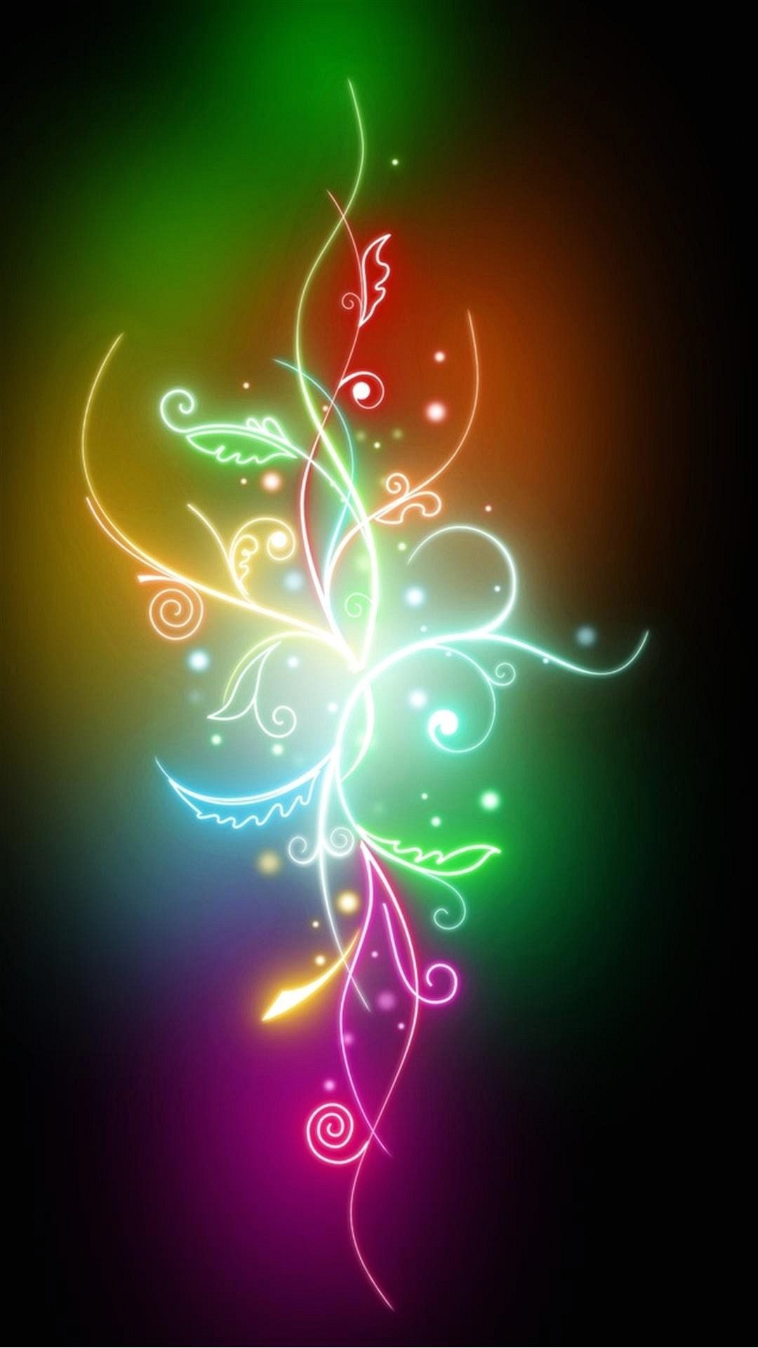 Arabeschi luminosi, Neon, Sfondo nero, Astratto, Full HD, wallpaper per smartphone