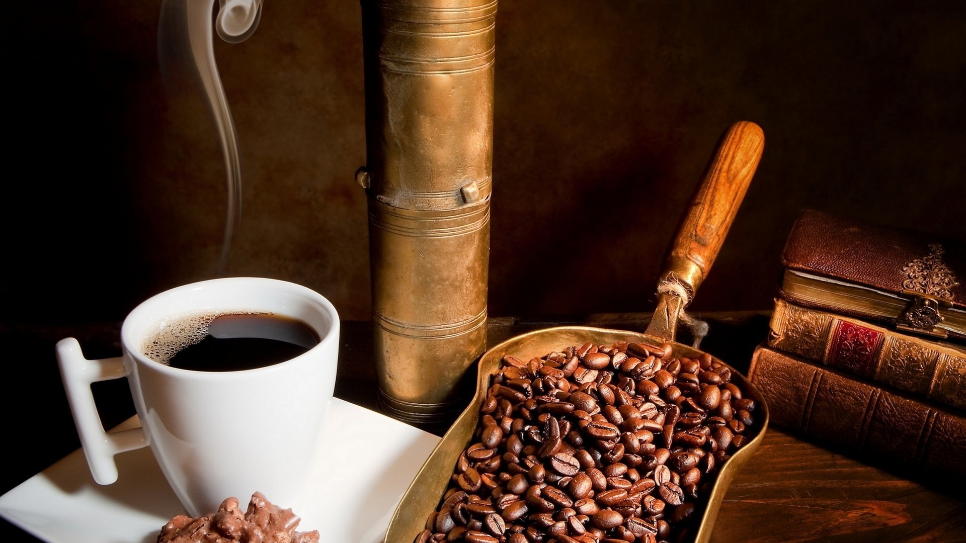 Caffè, Chicchi di caffè, Libri antichi, Natura morta, 1920x1080, immagine di sfondo