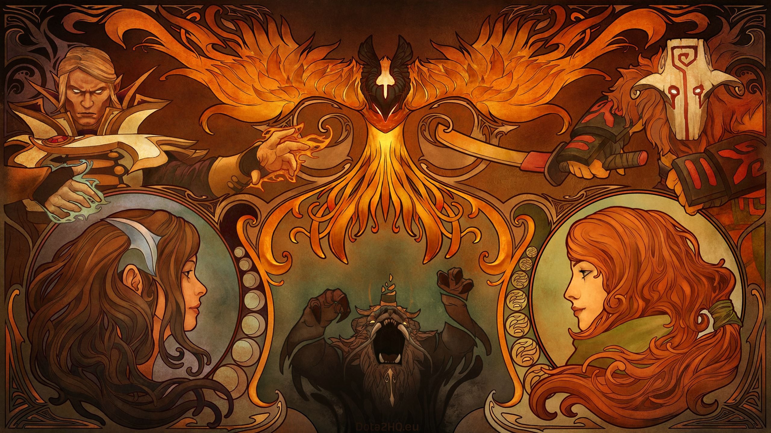 Dota 2, Phoenix, Windranger, Juggernaut, Art nouveau, 2K 1440p, sfondo desktop