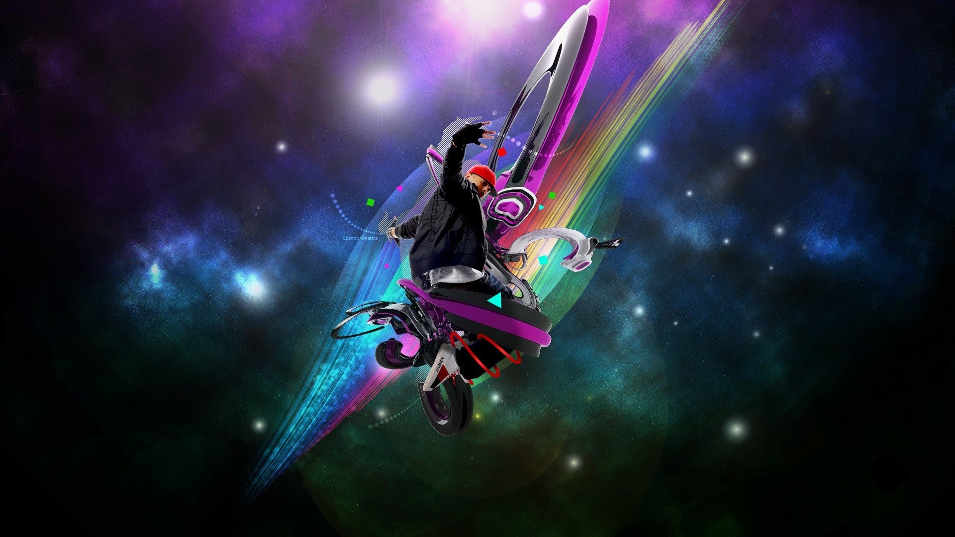 Ballerino, Spazio, Scie arcobaleno, Arte digitale, 16:9 Full HD, sfondo widescreen