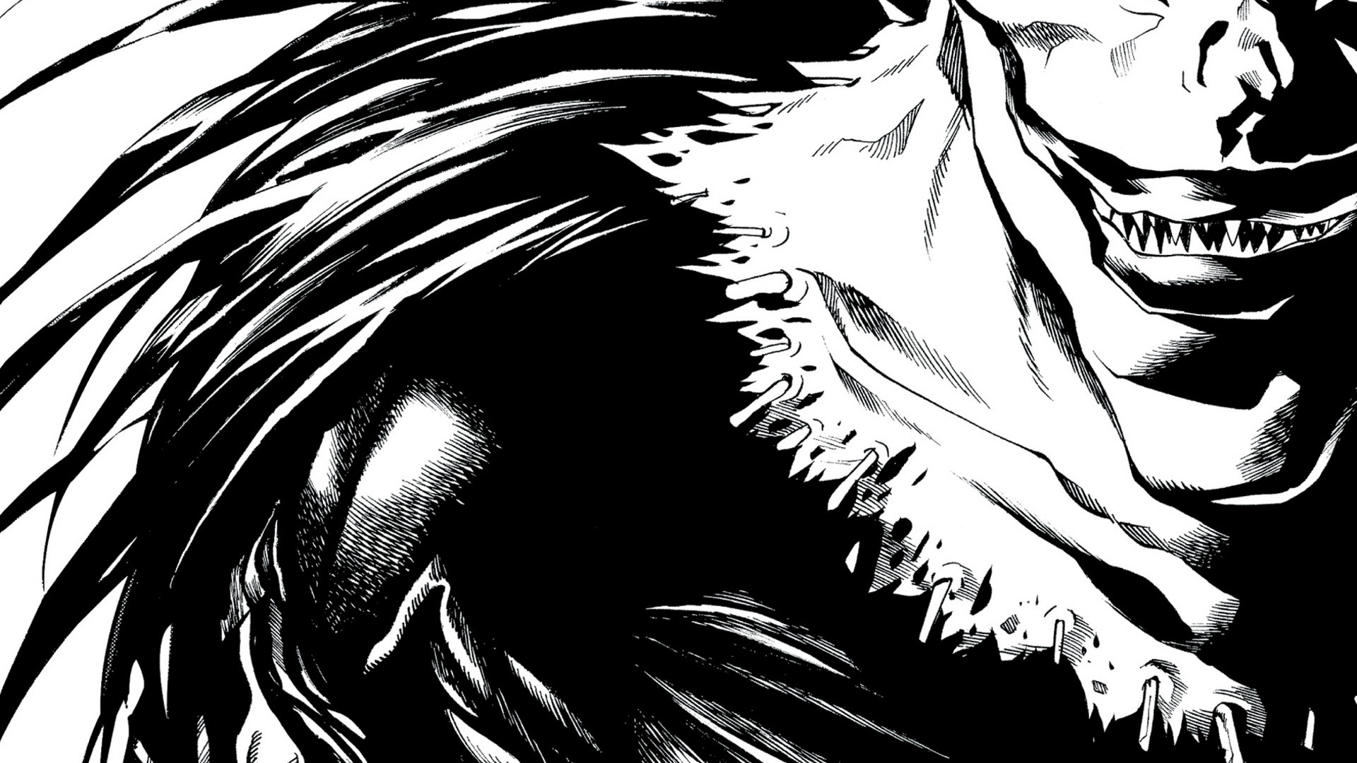 Ryuk, Death Note, Manga, Bianco e nero, Primo piano, 1920x1080, sfondo per PC
