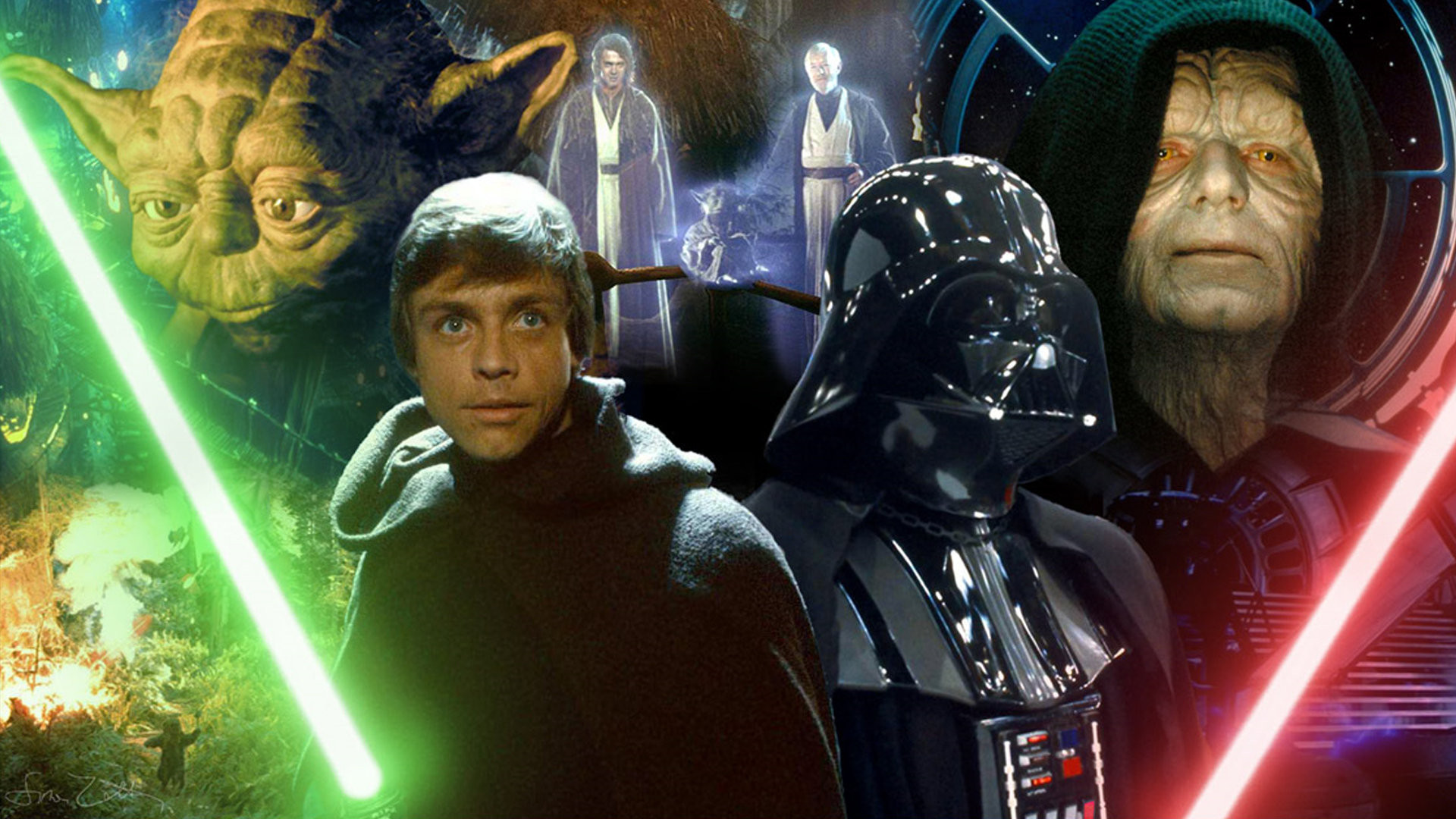 Star Wars: Il ritorno dello Jedi, Luke Skywalker, Darth Vader, Imperatore Palpatine, Yoda, Spade laser, wallpaper Full HD