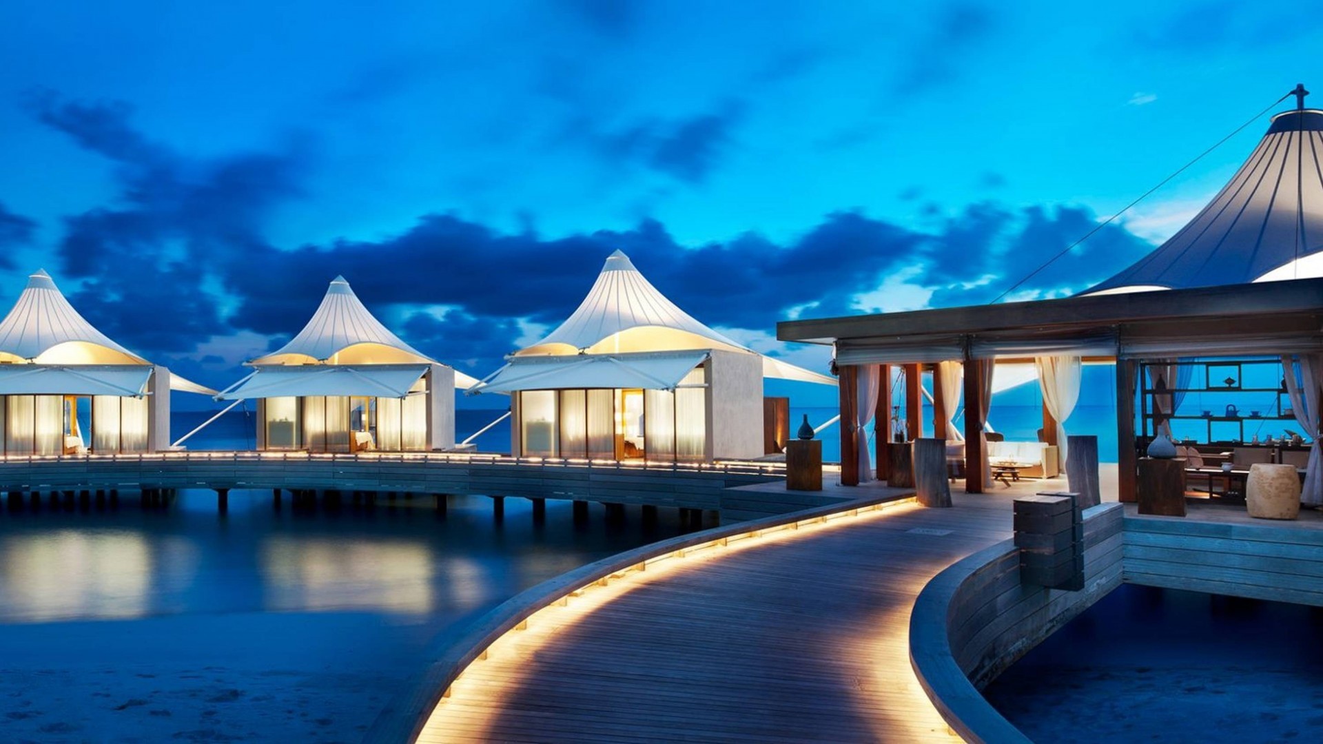 Maldive, Resort, Passerella, Crepuscolo, 1920x1080, wallpaper desktop
