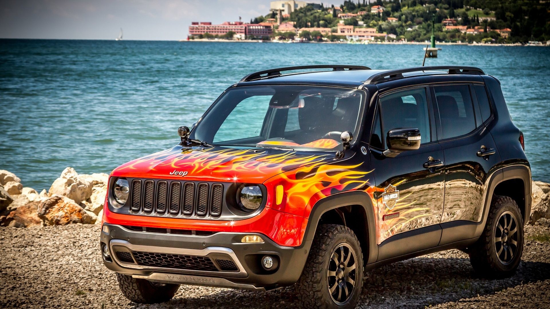 Jeep Renegade, Fiamme, SUV, Mare, Full HD, sfondo per PC