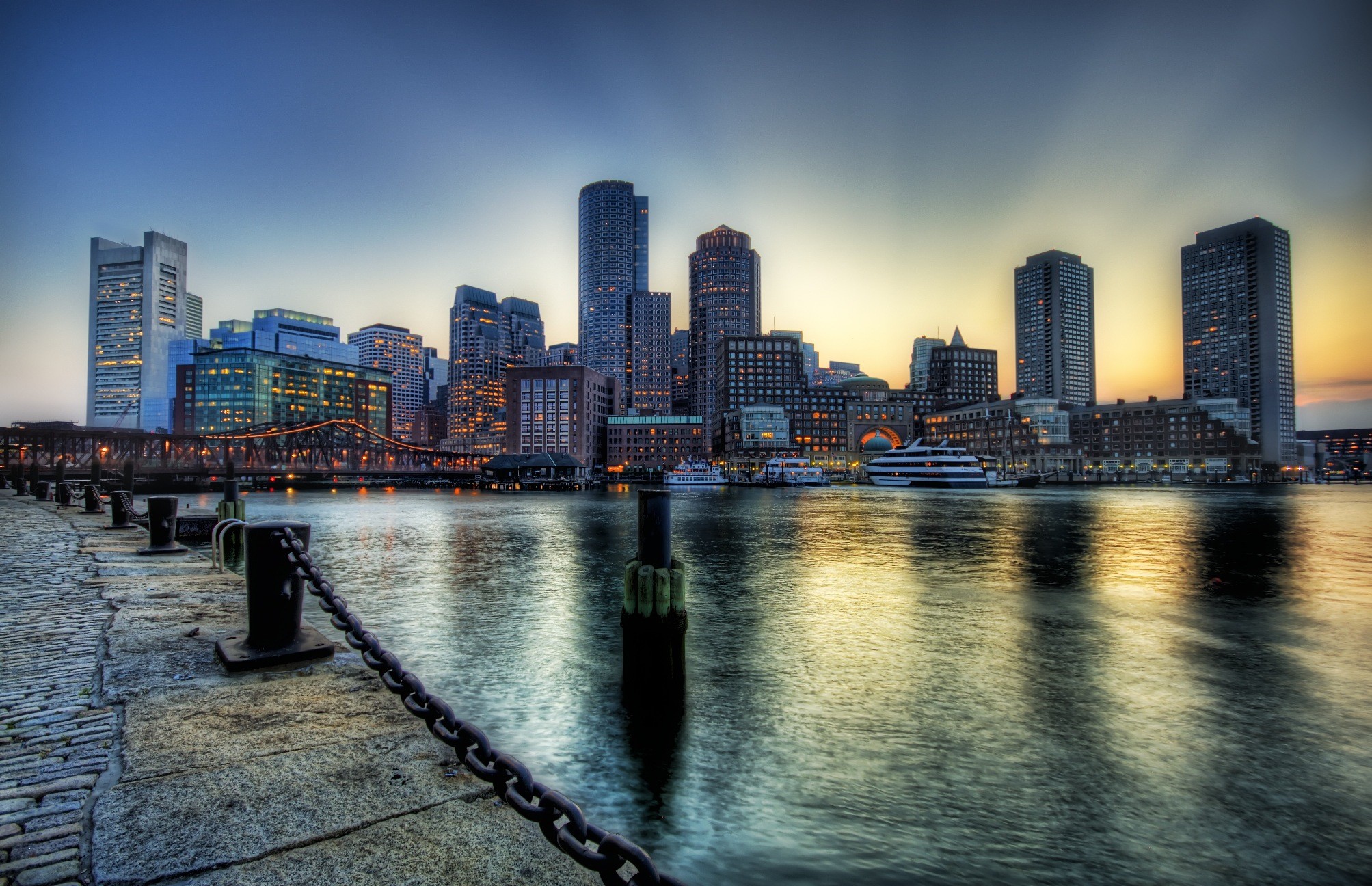 Boston, Skyline, Porto, Tramonto, Full HD, sfondo per PC