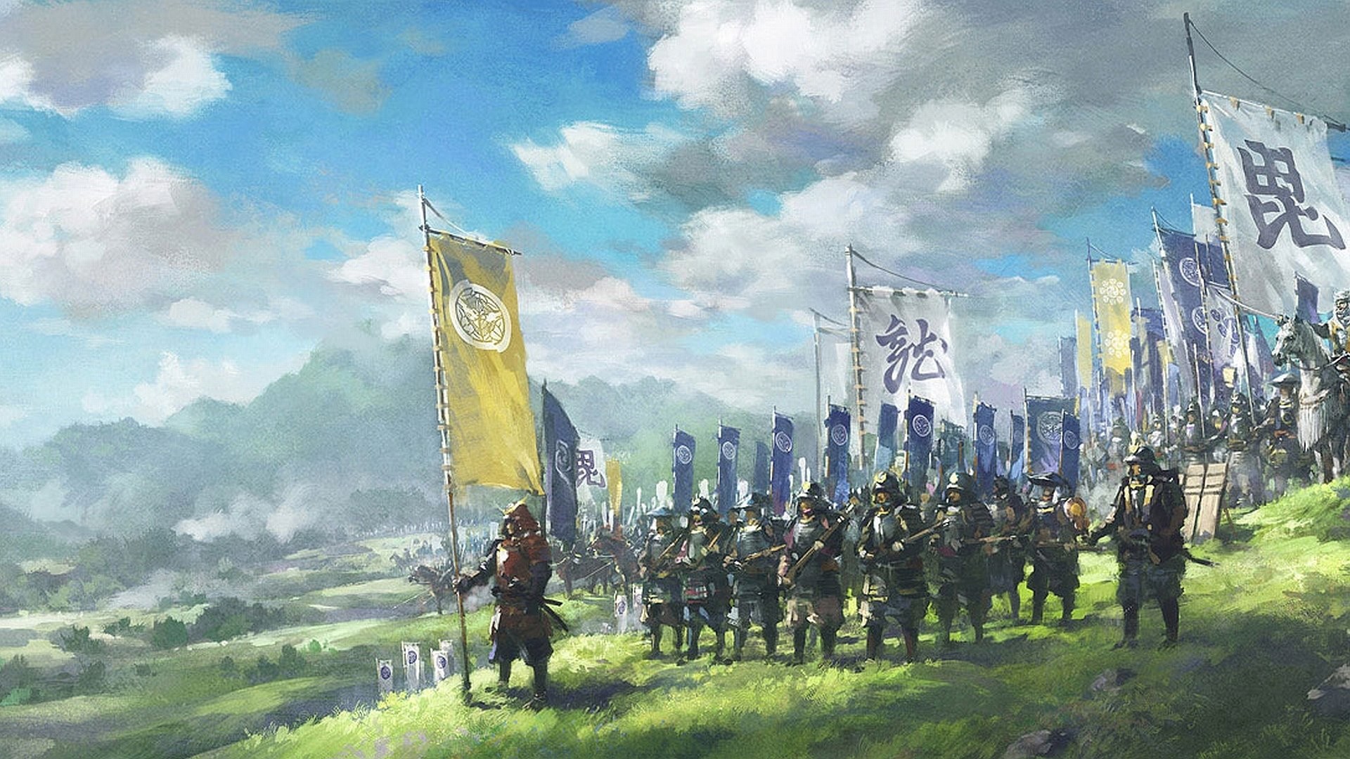 Esercito samurai, Stendardi, Giappone feudale, Pittura digitale, sfondo 16:9 Full HD